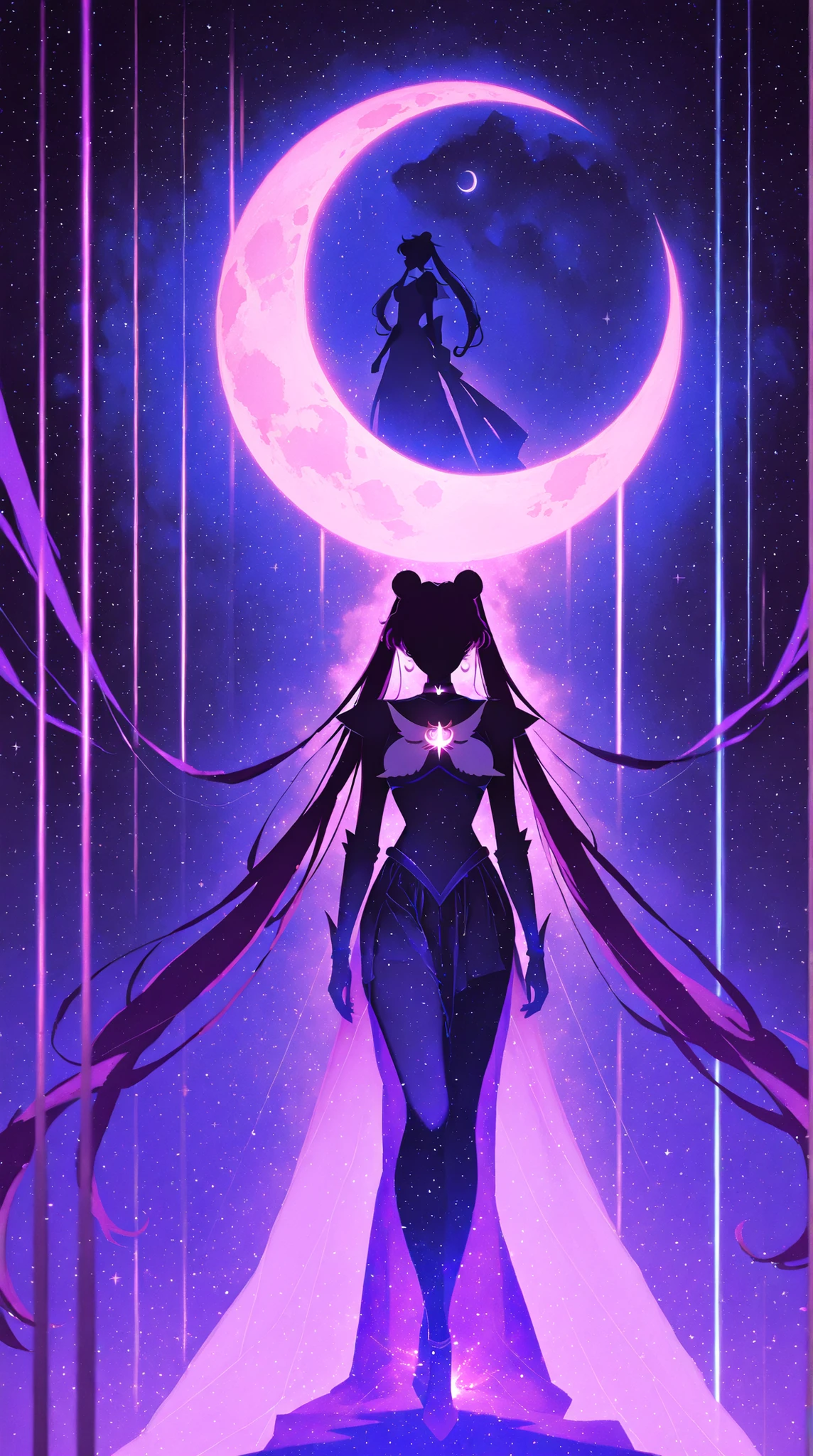 A silhouette of Sailor Moon, against a backdrop of a glowing pink crescent moon, with violet and purple hues, scattered stars, and a focus on elegant, flowing lines and shapes, reminiscent of anime art style. digital painting quality with vibrant, muted, colors, and a soft, glowing effect around the moon,masterpiece, best quality,absurdres