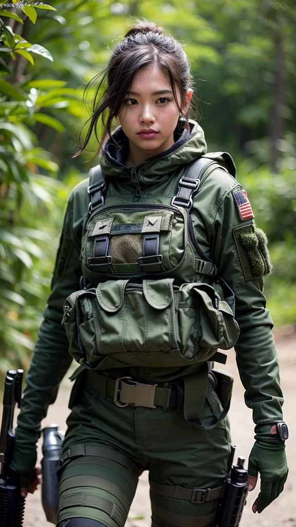 (((Jungleの中)))、cowboy shot,rifle and radio in one hand,Jungle、mechanized Soldier Girl, Future Battle Gear , Realistic Soldier , Cinematic — ar 16 :9, Keep PDW, wearing tactical armor, Heavily armed, ry Girl, Camouflage Gear , Airsoft Gun CQB, Realistic Military Gear , Soldier Girl, military girl , Beautiful female soldier