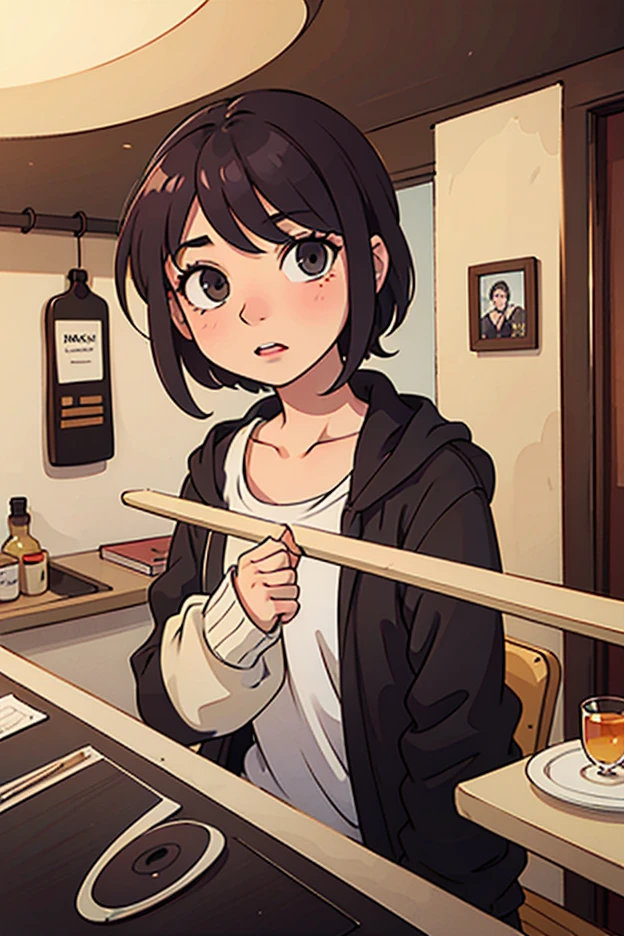 kuwanamaki, black hair with brown highlights, red eyes, baggy sweater, hints of cleavage, happy. grinning, sitting down, from above