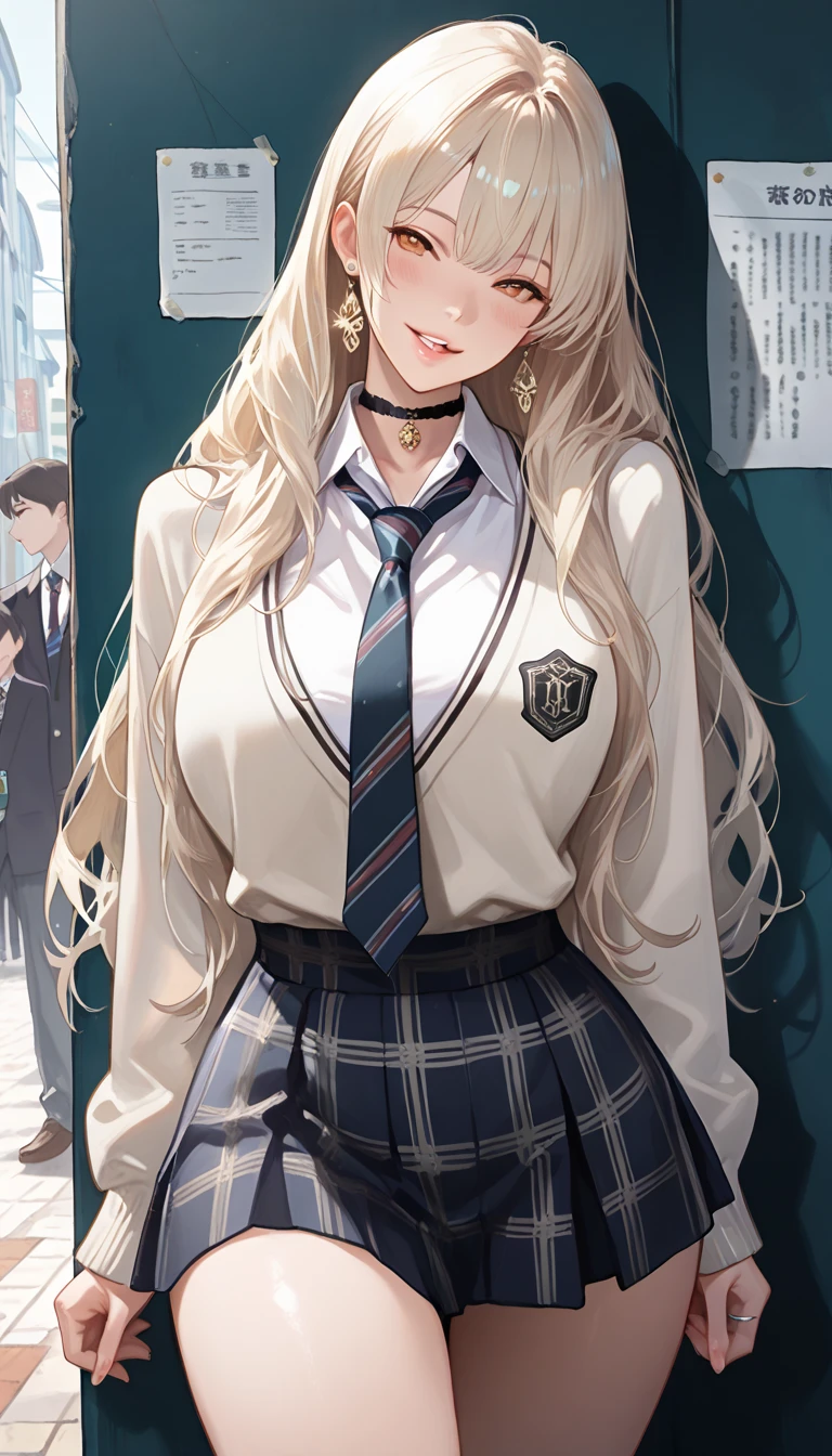 masterpiece, best quality, full body, 1girl, bangs, black choker, black necktie, blonde hair, blue skirt, blush, bracelet, breasts, choker, clothes around waist, collarbone, collared shirt, cowboy shot, dress shirt, ear piercing, eyebrows visible through hair, gradient hair, grin, gyaru, jewelry, kogal, long hair, looking at viewer, loose necktie, necktie, piercing, plaid, plaid skirt, pleated skirt, red eyes, ring, school uniform, shirt, skirt, smile, solo, white shirt, street, sky, cherry blossoms, petals,illustration, (magazine:1.3), (cover-style:1.3), fashionable, woman, vibrant, outfit, posing, front, colorful, dynamic, background, elements, confident, expression, holding, statement, accessory, majestic, coiled, around, touch, scene, text, cover, bold, attention-grabbing, title, stylish, font, catchy, headline, larger, striking, modern, trendy, focus, fashion,