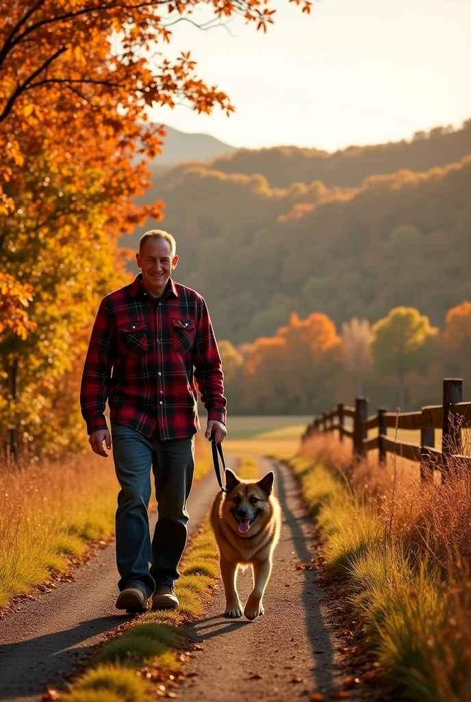 Image of a man taking his dog for a walk on the harvest