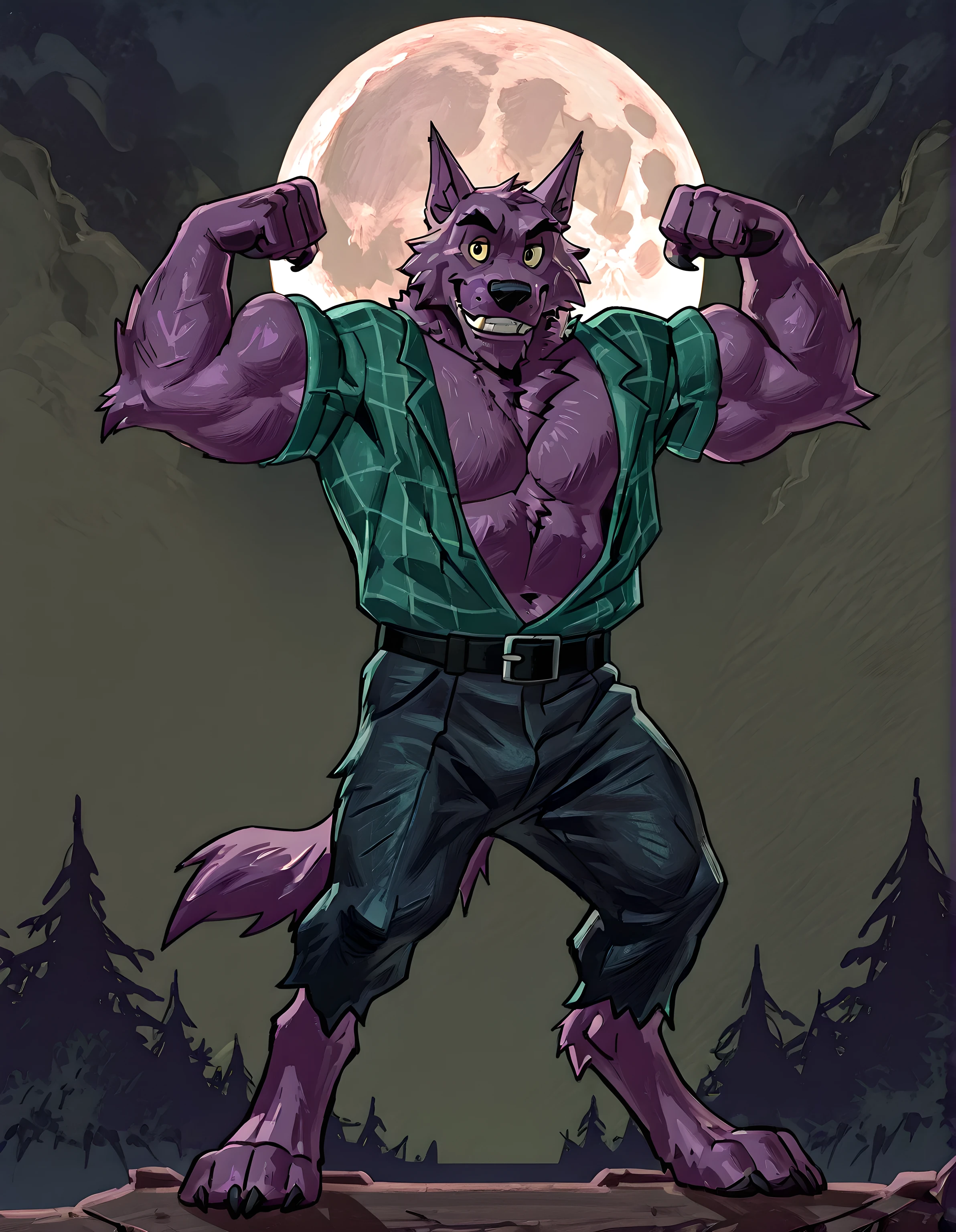 Bernard, Bernard_Mettle, werewolf, purple fur, yellow sclera, teal flannel shirt, furry chest, black belt, dark blue pants, open shirt, muscular, flexing, grin, proud, strong, night background, full moon, full body, barefoot, t4r4nf1dd13r, (front view), (bare biceps), looking at viewer