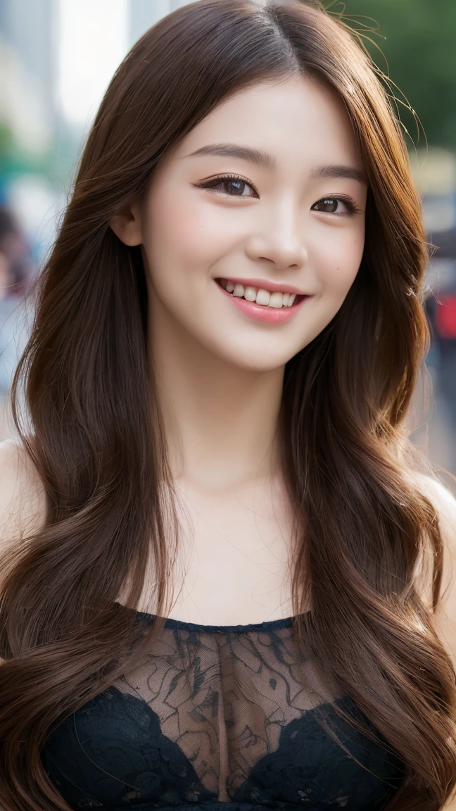 ((Best quality, 8k, Masterpiece :1.3)), 1girl, smiling, full body, slim face, Pretty woman, (Dark brown hair), full length dress :1.1, Ultra-detailed face, Detailed eyes, Double eyelid, blur background, slim face, city, outside, street,