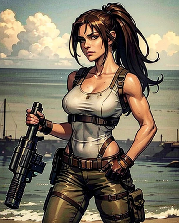 a military woman, well trained body, white sleeveless t-shirt, Exposed collarbone, beige leather shelter, blue pants, two leather belts with gun pockets, dark brown hair, carving, Brown eyes, hazel left eye, left eye with a scar, beach shore, at daytime, walking towards the viewer, serious expression, threatening expression looking at viewer, sparkling beach, palm trees around, leather gloves on his hands, In a post-apocalyptic environment, post - apocalyptic cowgirl, Post - Apocalyptic style, Post apocalyptic clothing, pose, post-apocalyptic, Postapocalyptic style, post apocalyptic grunge, Post - Apocalyptic Scavenger. (Ultra quality) 8k quality, detailed, perfect light, perfect angle, perfect sharpness.