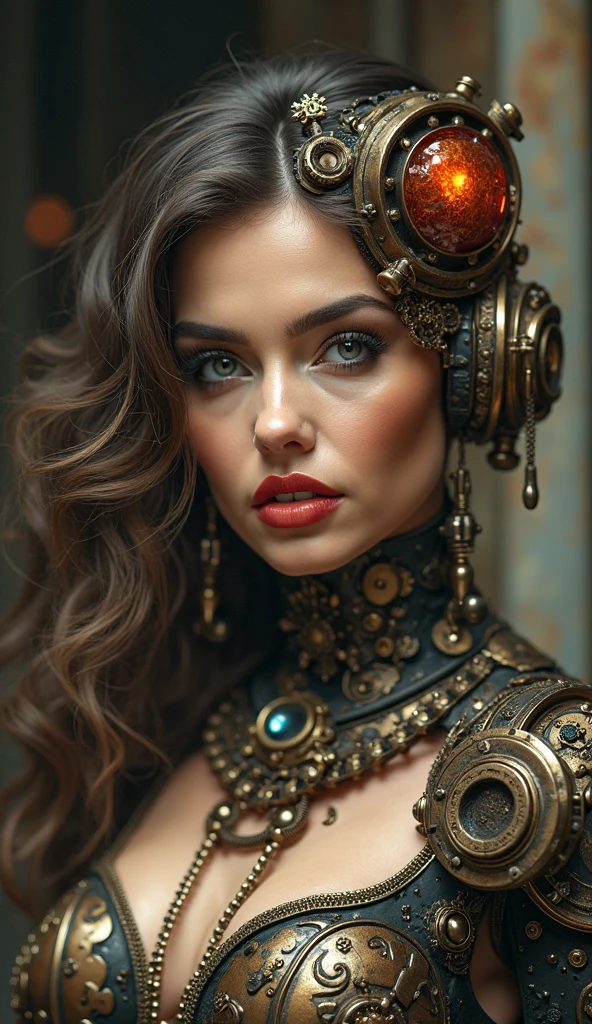 A woman adorned with intricate steampunk-inspired mechanical details. She has gears, pipes, and other steampunk components woven into her hair and attire. The background is filled with a complex machinery setup, suggesting an industrial or mechanical environment. The woman's facial features are sharp, with a focused gaze, and she has a tattoo-like design on her cheek., photo, poster, fashion