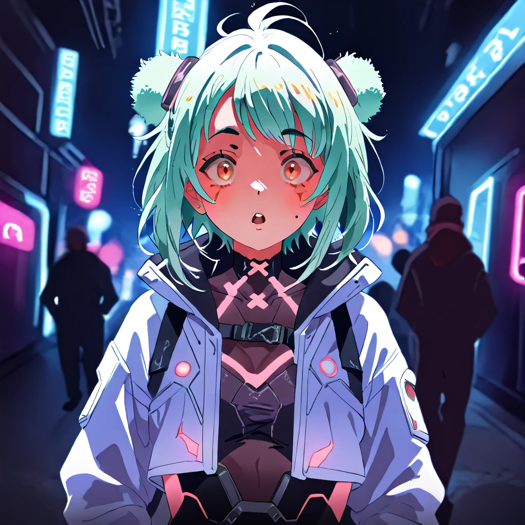 1girl, solo, breasts, looking_at_viewer, skirt, hair_ornament, large_breasts, jewelry, jacket, pantyhose, earrings, open_clothes, horns, belt, black_skirt, neon_green_eyes, hair_bun, sweater, open_jacket, black_jacket, makeup, tattoo, mask, piercing, black_background, ear_piercing, spikes, eyeshadow, skull, hands_on_hips, mouth_mask, black_sweater, skull_hair_ornament, cyberpunk, skull_print, white hair, neon aura,