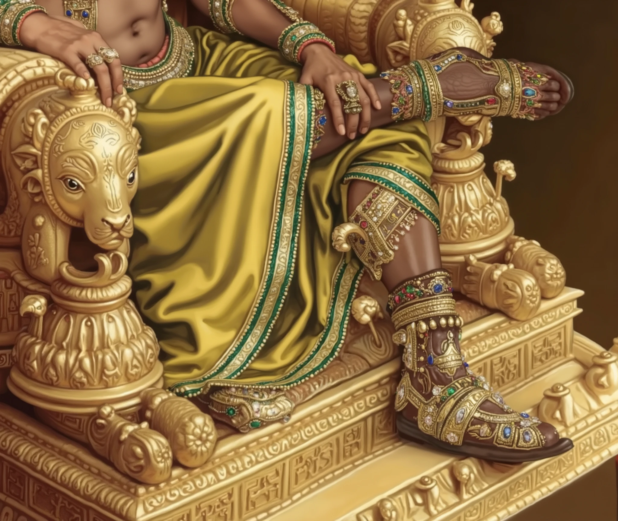 A majestic close-up of Lord Kubera, the god of wealth, seated on an ornate golden throne, exuding power and opulence. His luxurious golden silk drapery flows elegantly, embroidered with emerald-green and sapphire-blue accents, contrasting beautifully against his richly adorned physique. His bejewelled thigh band, featuring miniature golden temple structures, symbolizes his dominion over prosperity and abundance. His ornate golden boots, sculpted with mythological hybrid creatures, are encrusted with emeralds, rubies, and sapphires, gleaming under a soft, warm glow. The throne’s armrests, shaped like ferocious hybrid guardian beasts, replace traditional Yalis, creating a surreal and otherworldly presence. Rendered in the style of a classical European oil painting, with baroque chiaroscuro techniques, the lighting enhances the depth of textures—from the intricate metallic engravings to the sheen of Kubera’s adorned jewelry. The composition blends fantasy realism with grand portraiture, making this a striking, cinematic portrayal of divine wealth and splendor.

