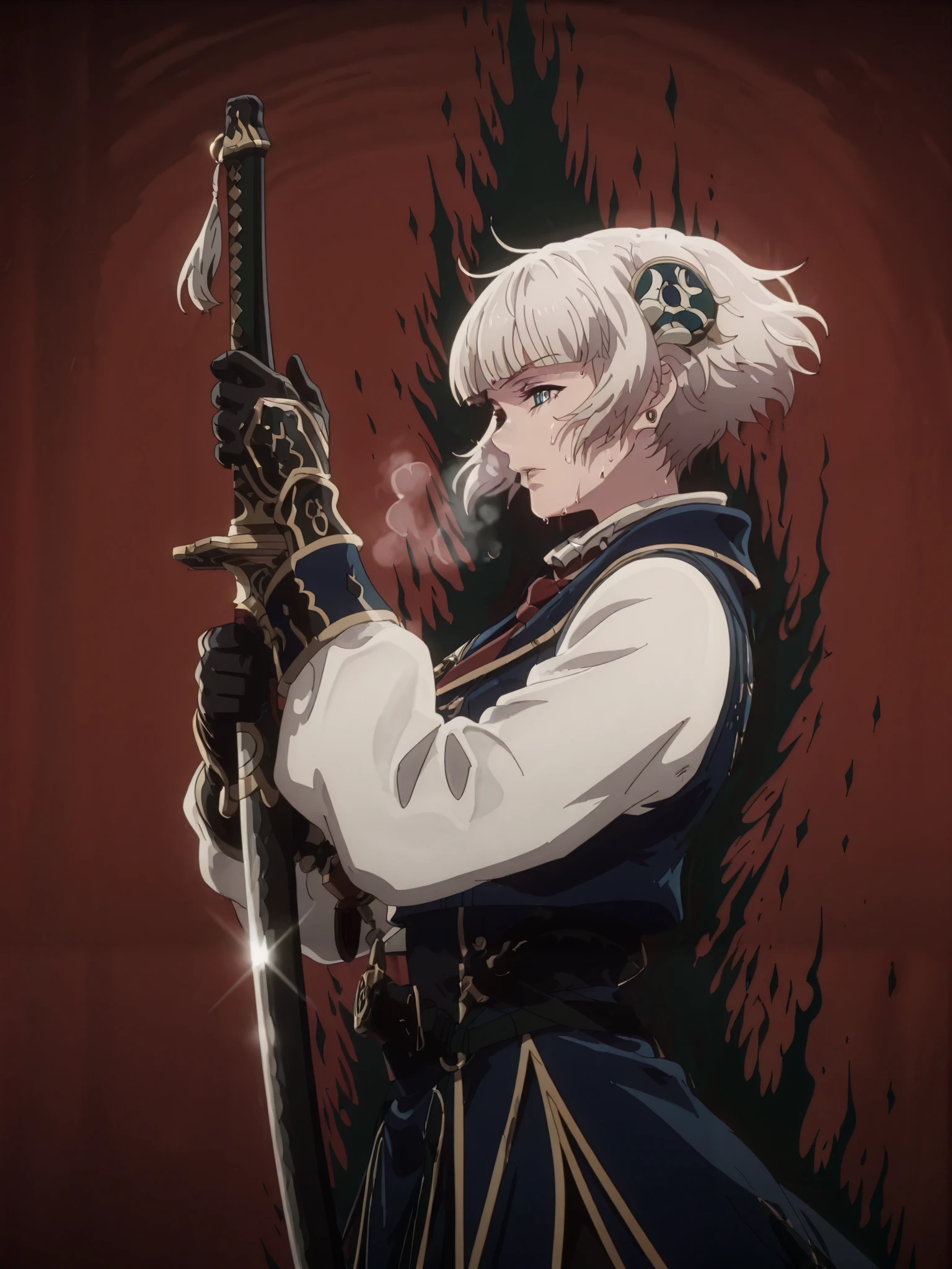 twotr, anime coloring, anime-style, anime screencap, detailed background, vignetting, masterpiece, high quality, absurdres, best quality, very aesthetic, newest, dynamic composition, anatomical correct, HD, 4K, digital art, trending on ArtStation, perfect body, perfect eyes, perfect fingers, gasping, heavy breathing, excessive sweating, sweating, sweating profusely, gasping profusely, cinematic, ((skindentation)), ((voluptuous)), meteora osterreich, white hair, short hair, blunt bangs, hair ornament, blue eyes, bright pupils, ((white outline)), (aura), (black aura:1.2), 1girl, weapon, solo, sword, red_background, earrings, jewelry, katana, holding_weapon, holding, simple_background, ear_piercing, sheath, holding_sword, mechanical_arms, piercing, cyberpunk, profile, from_side, sheathed, looking_at_viewer, cyborg, cropped blue blazer, white shirt, red necktie, blue skirt, black pantyhose,