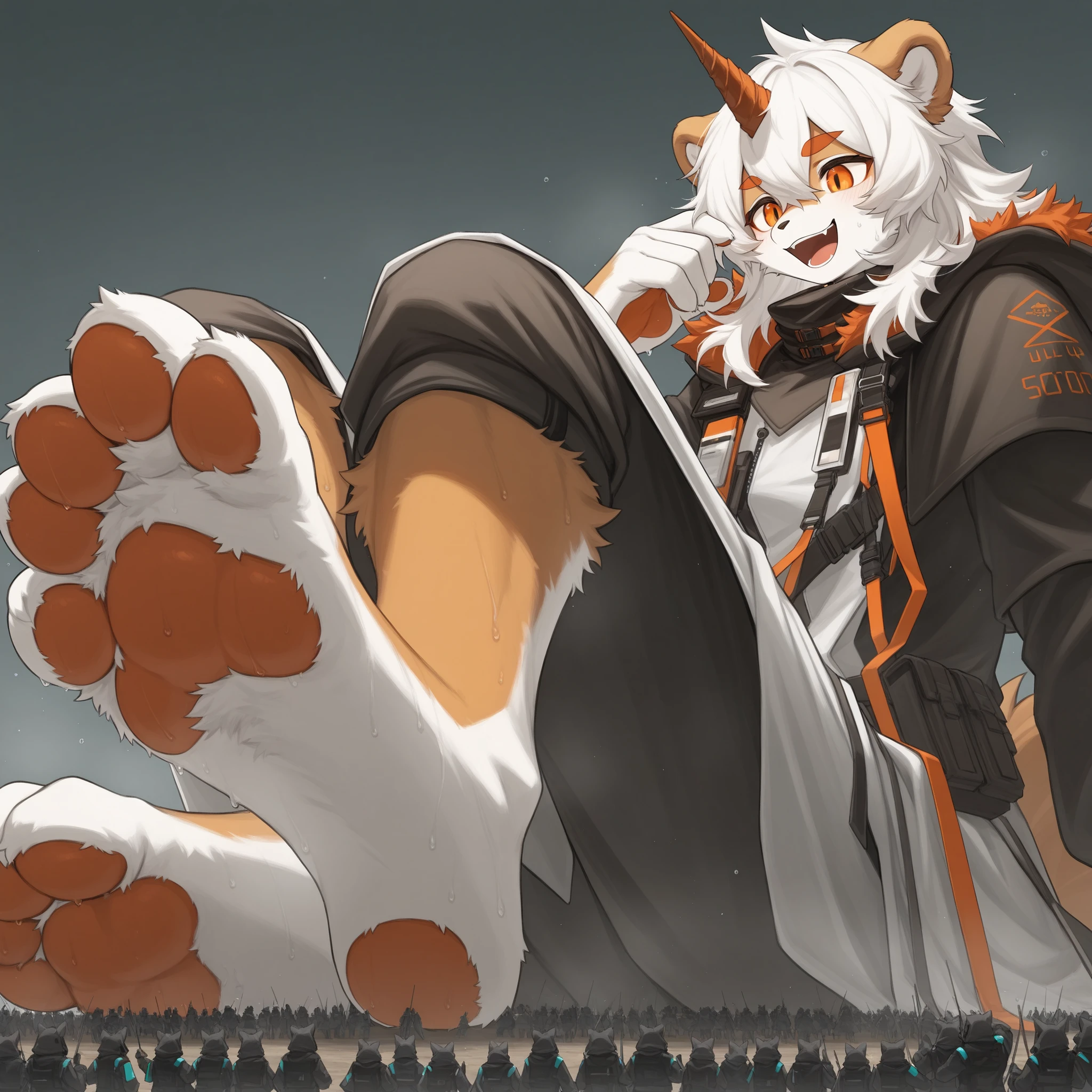 score_9, score_8_up, score_7_up, score_6_up, furry, anthro, solo, hung, perro, arknights, two-tone fur, medium hair, white hair, single horn, orange eyes (side view of a closeup hung foot: 1.2), (ultra closeup of a hung foot only: 1.3), (furry hung: 1.1), robes, simple background, (ultra closeup of hung feet: 1.2), (foreshortening: 1.2), (closeup hung foot: 1.2), sitting, (showing paws: 1.1), (macro size: 1.2), army,sitting, laughing, sweaty,Strong muscles