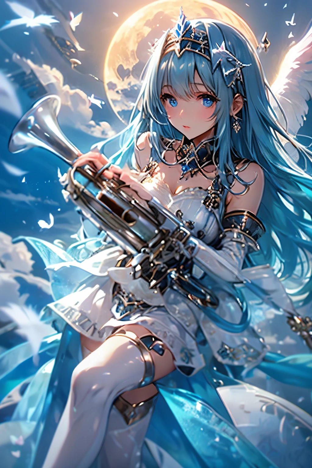 (((SFW、Highest quality、 A first-class masterpiece 、 Normal Body 、8k、 detailed faces 、 very accurate、 in a steel factory 、5See also、Highest))) 、 blue eyes、 Blue Hair 、 long hair、 short、big breasts、 slender、 slim 、pink heart dirty belly print、 muscle exposure、 Half naked 、ultra thin transparent pure white dress、Ultra Thin Transparent Pure White Mini Skirt、 Slave's Iron Collar 、Holding a trumpet、 Heavenly Wings、 where I lived 、moon、null、null in、 sacred、Goddess of Unity,Hi-Res, Highest品質,