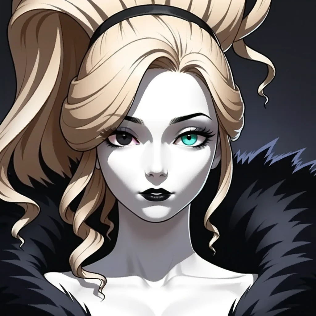 A demonic and seductive looking anime character, with black wings, long dark flowing hair, bright golden eyes, and curved horns like those of a ram. has pale skin, a mischievous smile and a playful and mysterious expression, holding a finger to his lips as if silencing someone. She wears a white dress with intricate detailing and gold accents, along with a blue gem on his chest. The scene is dramatically lit., with soft shadows that enhance her sharp features, as the background fades into darkness, adding an enigmatic and magical touch. The style is a mix of anime fantasy with intricate details, Capturing an intense portrait, close and dynamic