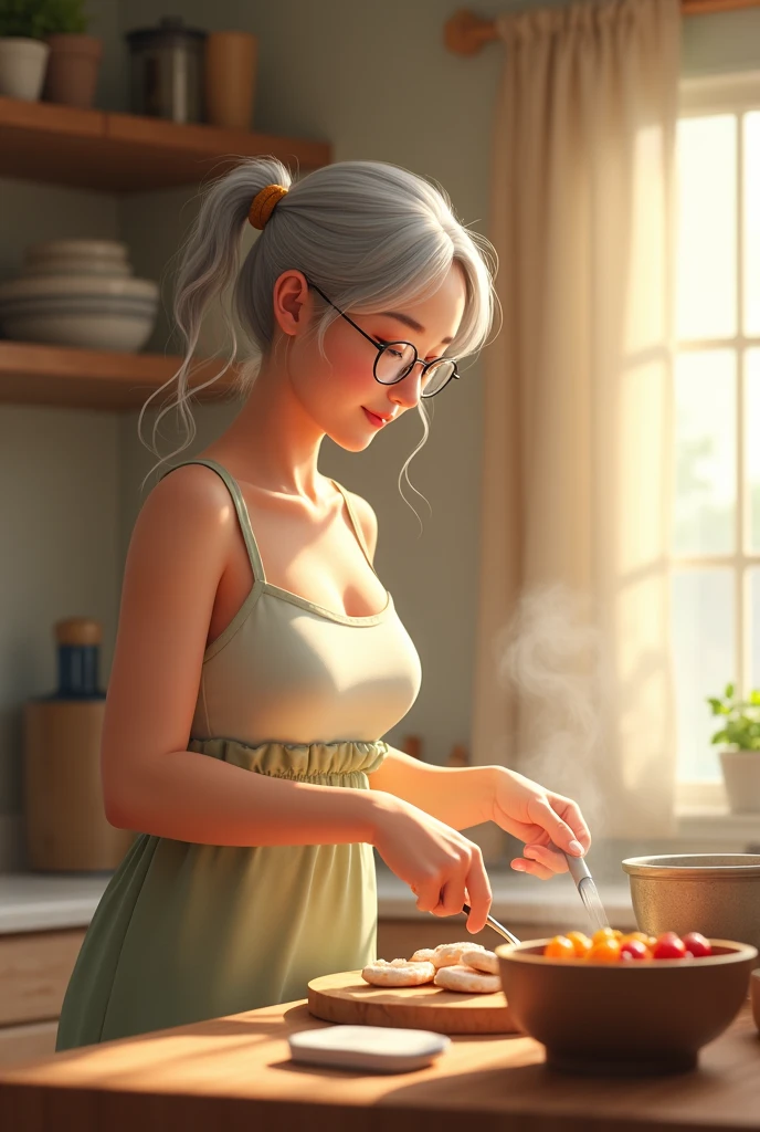 elderly woman with natural aged appearance, soft wrinkles, short curly gray hair, kind and warm smile, wearing a loose floral house dress with an exaggeratedly low neckline, slightly revealing more cleavage than expected for her age, modest body with a soft belly and small ?????, realistic elderly proportions, sitting comfortably in a vintage kitchen filled with warm sunlight, wooden furniture and floral curtains, holding a plate of pavê dessert, leaning slightly forward with an inviting smile, warm nostalgic atmosphere, natural sensual undertone, cozy lighting and intimate setting, subtle perfume bottle nearby. stily anime