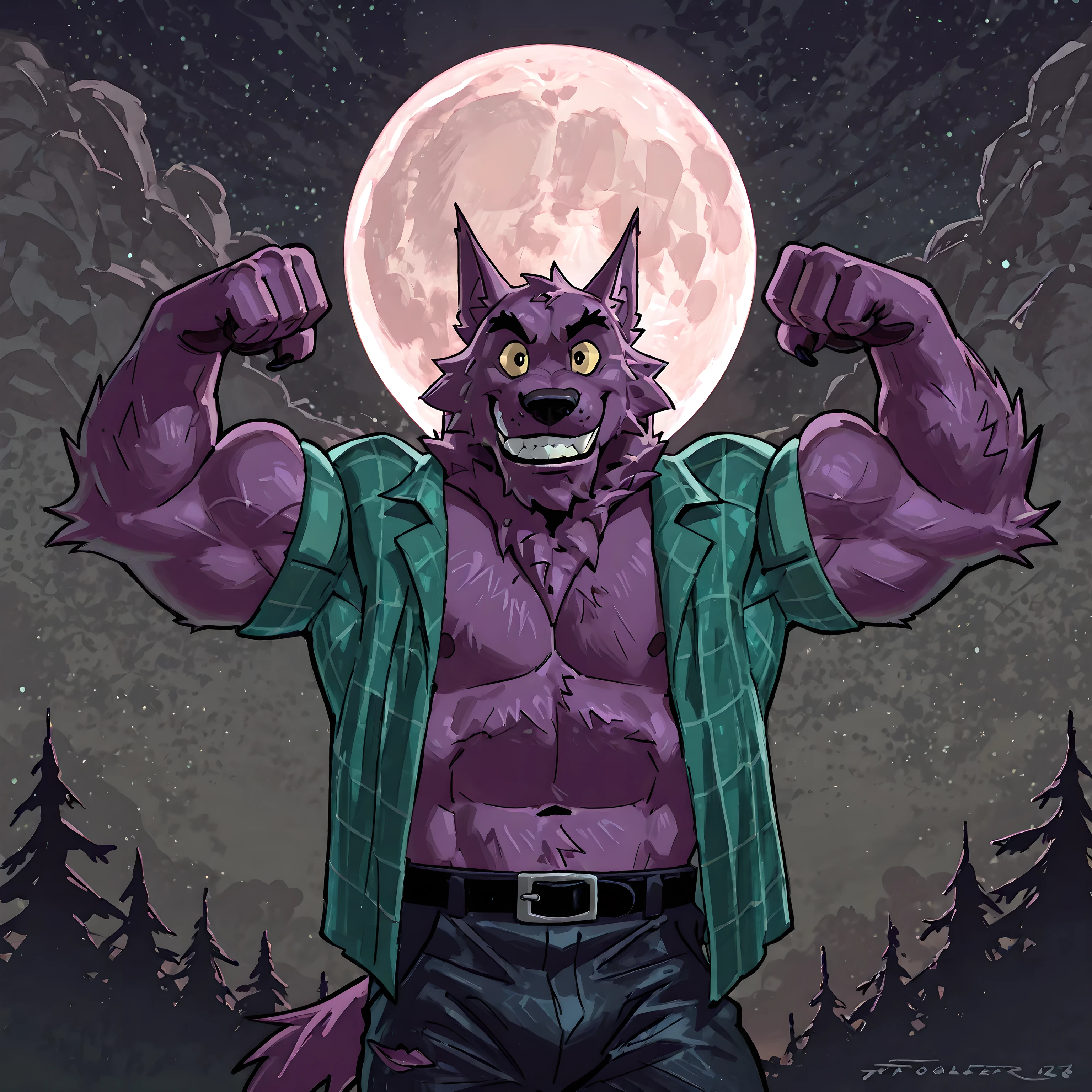 Bernard, Bernard_Mettle, werewolf, purple fur, yellow sclera, teal flannel shirt, furry chest, black belt, dark blue pants, open shirt, muscular, flexing, grin, proud, strong, night background, full moon, half body, t4r4nf1dd13r, (front view), (bare biceps), looking at viewer, white teeth