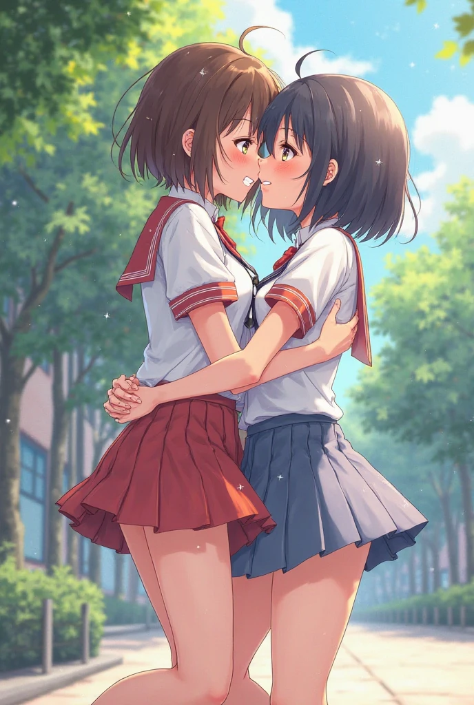 concept:Portrait oF two beautiFul women。 quality:(最高quality, 4k, high resolution, Masterpiece:1.2), super detailed, (real, photorealistic:1.37), lightning:cinematic light, Bright colors and mesmerizing eFFects, soFt and delicate lightning, soft shine, lens Flare, Subject inFormation:for 2 people, ((Two young women)), (narrow eyes), (small face), (high detailed leather:1.2), long eyelashes, bright lips, (rubio, very short hair, Blue eyes, Brown hair, wide), slim body shape:1.4, Highly Detailed Face and Skin Texture, (happy smile:1.2), Facing the Front:1.2, Photoshootのためポーズをとる, (((high school uniForm:1.2, short sleeve white shirt, red plaid skirt, seductive thighs))), Other details:school classroom:1.5, Hugging posture:1.2, beautiful skin, shiny skin, perfect fingers, five fingers, anatomically correct, background bokeh, lens Flare, 500㎜, F/4, Photoshoot,