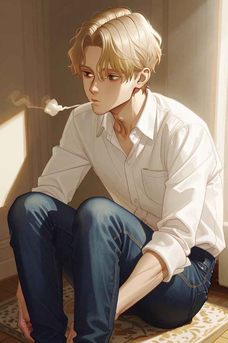 Handsome light skinned Asian blonde haired boy wearing a ragged school shirt and pants while sitting on the school stairs smoking .  While he masturbated his ???? With the right hand 