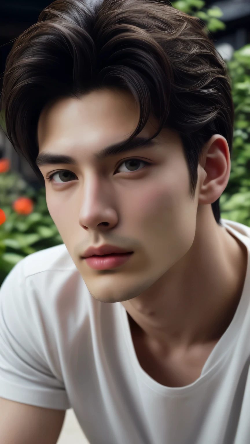 handsome gay Korean man, Upper body, bulk,white shirt, open、sexy, Embarrassing