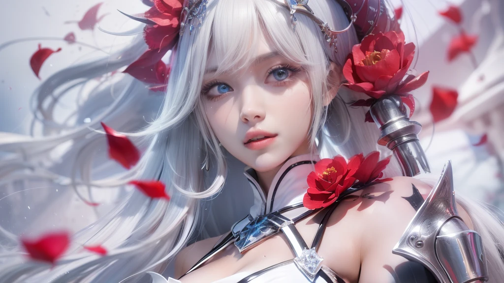 艺术背景Artistic Germ.  High Detailed Texture ，panoramic，1 Girl，Blur red petals and graphic fusion， with only one character，Only one horse，plump woman，beautiful young woman with white conceptual dress with white high slit dress，cloak，hood， riding a white horse ，（Templar style），Red Cross tattoo，White princess hair，Sculpted body，perfect blue and beautiful eyes，watery big eyes，Eyes with reflective pupils，Moist lips，Glowing painting，ultra-sharp，realistic，32K，ig Model  | Artistic Germ, Extremely detailed artgerm , Artistic Germ. Anime illustrations, Artistic Germ.  High Detailed Texture , artstation pixiv上的Artistic Germ, Fanart Best Art Site, detailed digital anime art, smooth anime CG art, Deviantart ArtStation CGSCOSIETY,  8K high quality detailed art ，[maximum accuracy 4K rendering] ， theme setting : {Baby portrait}, Image quality parameters:  8k resolution::2, super sampling rate x4::1.5, ZBrush level surface segmentation::1.2, eye system: [crystal spherical cornea] [multi-layer iris structure: radial collagen fiber texture+Fresnel highlight] [dynamic tear film reflection::1.3], Skin system: Subsurface dispersion(sss)Intensity 0 .7::, Curtis layer simulation( cm³

3 .02mm)::, sebaceous gland distribution density 120/cm² ::,  optical configuration :  ring softbox (5600K +3200K double color temperature)::2, Tyndall effect volume light::1.5, Fresnel edge light attenuation::, Enhanced Parameters : normal mapping intensity+40%::, specular sharpness 0.92::, anisotropic 16x::, art style: hyperrealistic CGI::2, visualization level accuracy::1.5, Zeiss Otus lens simulates::1.2