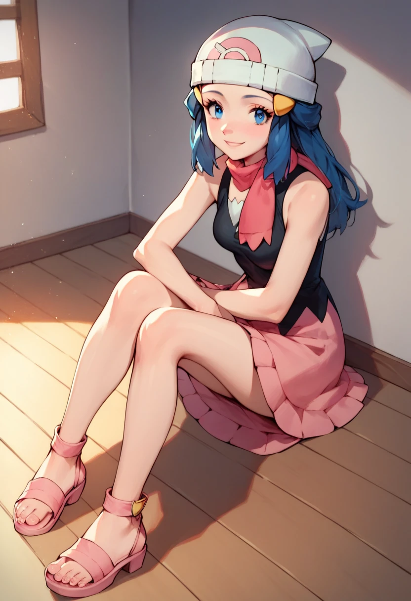 score_9, score_8_up, score_7_up, score_6_up, score_5_up, score_4_up, source_anime, aakotori, short hair, multicolored hair, green hair, single hair bun, hair ribbon, brown eyes, small breasts, bare shoulders, sleeveless shirt, multicolored shirt, blue shirt, pink skirt, <lora:mizuki_kotori_(yu-gi-oh!)_ponyxl_v1:0.9>, sitting, throne, crossed legs, indoors, black socks,