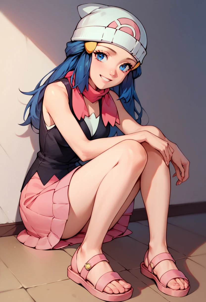 NSFW,masterpiece,Highest quality,High resolution,Super detailed,dawn_\(pokemon\),blue eyes, Blue Hair, Long Hair, Side Lock, Hair Clip, Beanie, Black Dress, No sleeve, Pink Skirt, scarf,Shopping mall