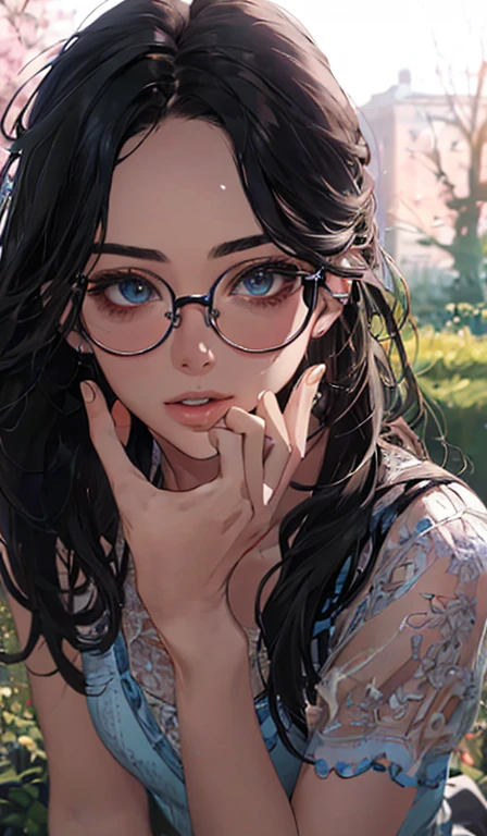 21 year old face , beautiful, mature, black hair, blue eyes, legal, very high, casual, wear glasses, rico, perfect face, detailed face, aesthetic, athletic body design , Sensual