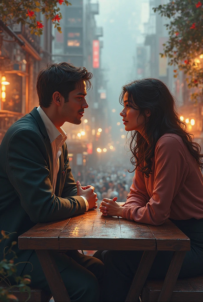Illustration of a girl and a man sitting outside a bookstore, (Look at each other:1.4), The girl's back, posterior view, Far Mountain