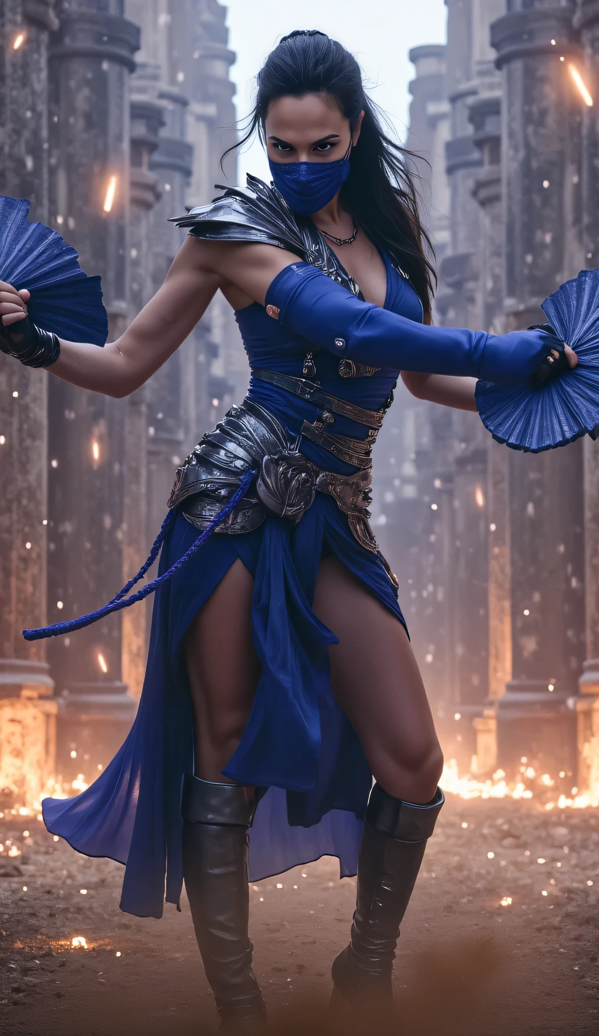 A deep blue-haired girl wields the Heavy Thrusting Swords from within the Elden Ring in a reverse grip.