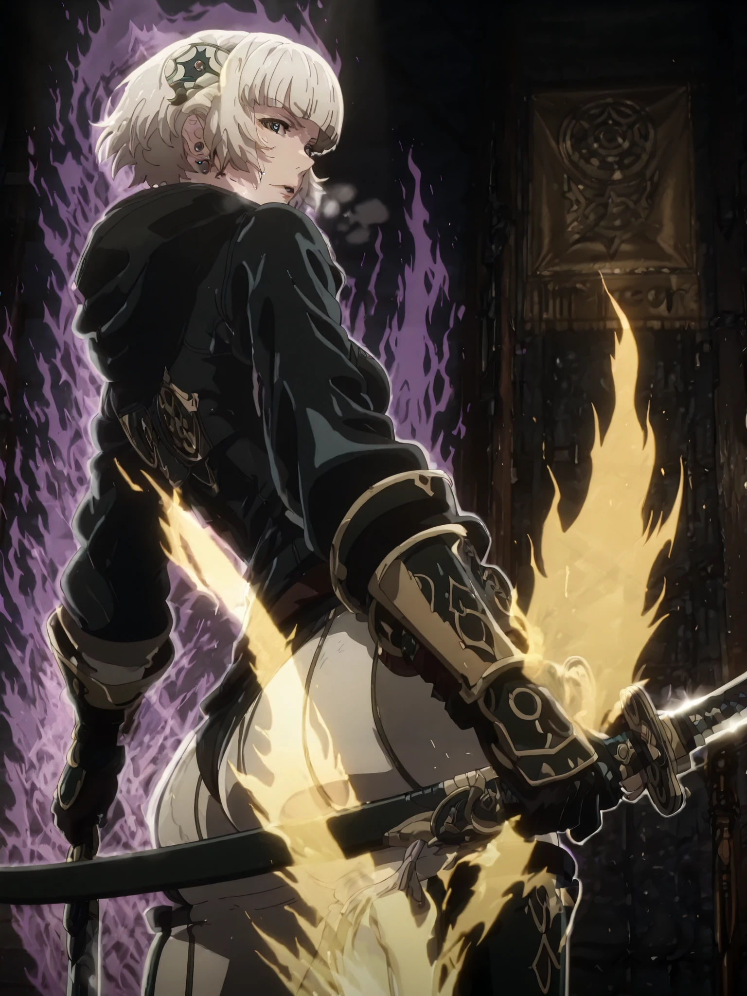 twotr, anime coloring, anime-style, anime screencap, detailed background, vignetting, masterpiece, high quality, absurdres, best quality, very aesthetic, newest, dynamic composition, anatomical correct, HD, 4K, digital art, trending on ArtStation, perfect body, perfect eyes, perfect fingers, gasping, heavy breathing, excessive sweating, sweating, sweating profusely, gasping profusely, cinematic, ((skindentation)), ((voluptuous)), meteora osterreich, white hair, short hair, blunt bangs, hair ornament, blue eyes, bright pupils, ((white outline)), (aura), (black aura:1.2), 1girl, weapon, solo, ass, sword, jewelry, earrings, holding_weapon, holding, field, looking_back, holding_sword, looking_at_viewer, spotlight, from_behind, sheath, jacket, black_jacket, breasts, bodysuit, katana, lips, cowboy_shot, mechanical suit, (aura:1.2), (yellow aura), (purple aura),