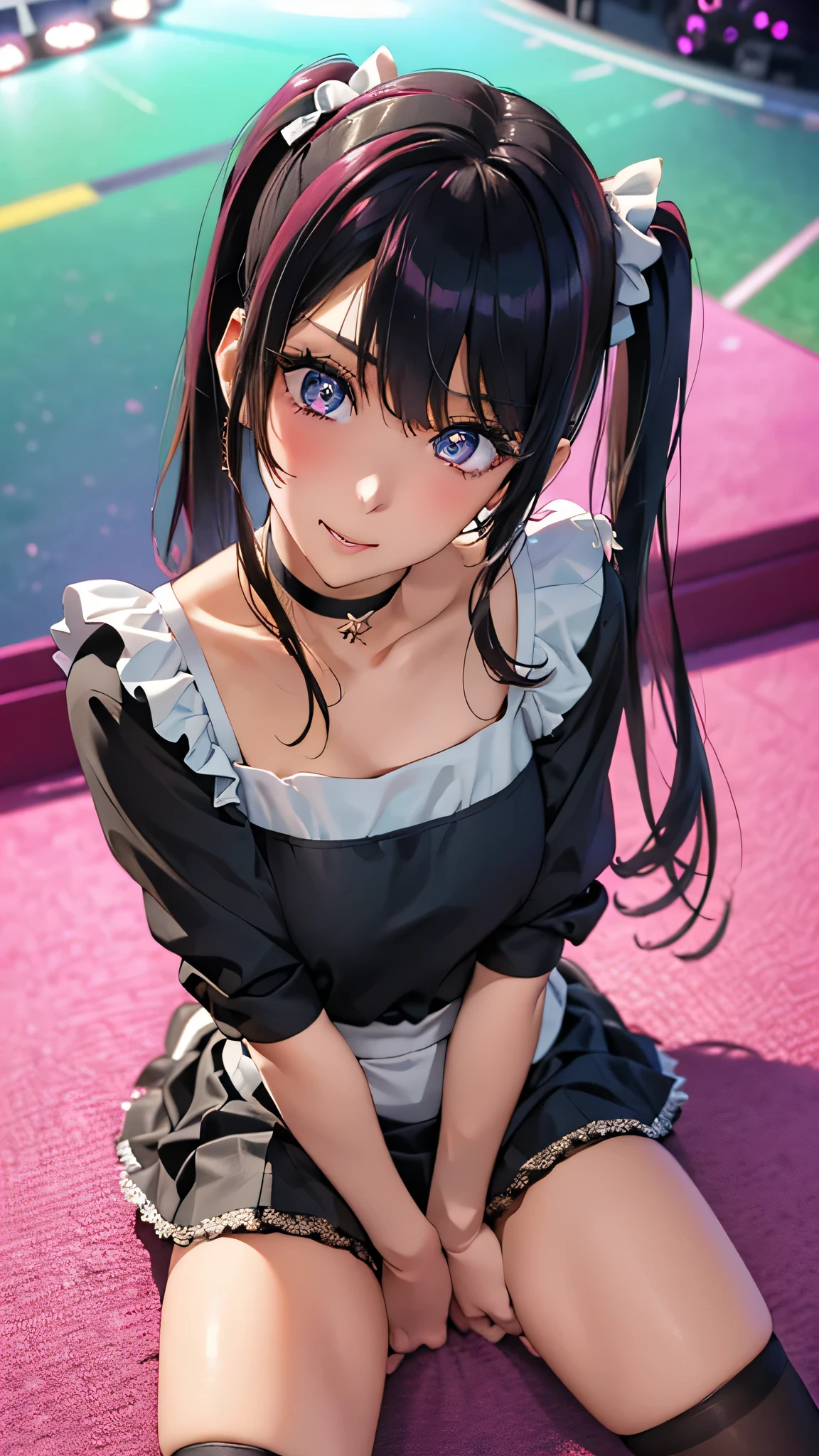 (((Maid))),(( glittering stage)),super high definition ,mature woman, mature woman, very well detailed, (( small tits)), perfect hands, Fine fingers , beautiful details , ((Long, long hair)),black choker, earrings,perfect eye, seductive eyes,(((Maid服))),((pleated mini skirt)),(( sexy)),((black socks)),(( sexyレースパンティ)),(((strict expression))),((Strict look)),((idol)),(( sexyレースブラジャー)),((Cowboy Shots)),(( open your legs wide)),((twin tails from above)),((())),(()),(((A large audience))),((( Tokyo Dome))),