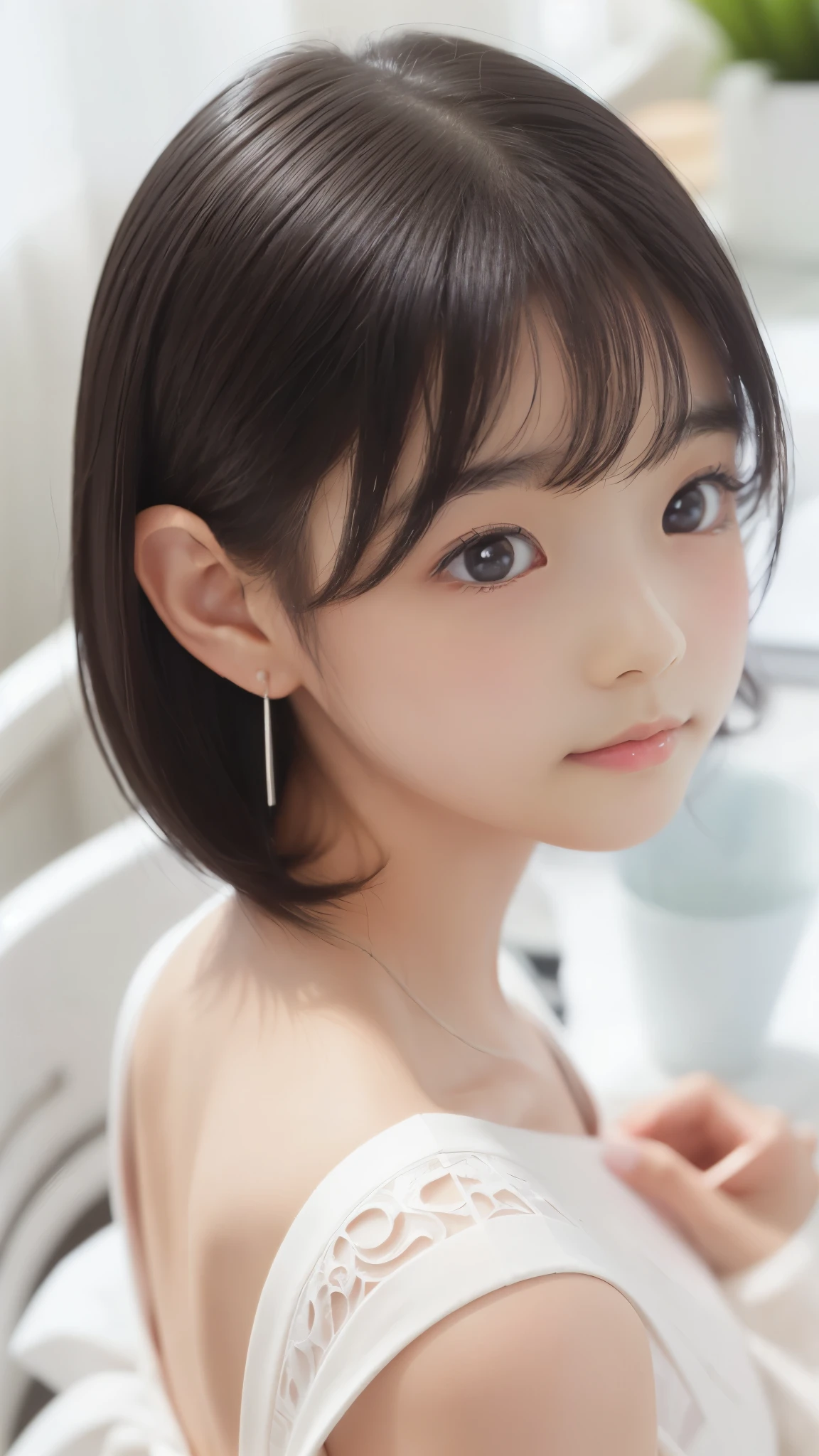 A close up of a woman with a white dress and earrings - SeaArt AI
