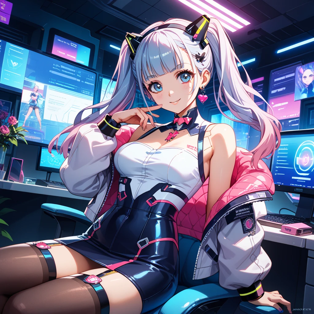 Absurd resolution, High resolution, (masutepiece: 1.4), Hyper-detailing, Silver-haired young woman dressed as technician, Blushing、Anxious look, neons、Sitting in a very narrow and closed mecha cockpit、High Quality Women, Punk rock techno, Holoscreen, Adult radio girl playing music, Long hair, Cyber Music Costumes, Blue and turquoise shades, Purple hue,small tits、Smaller chest