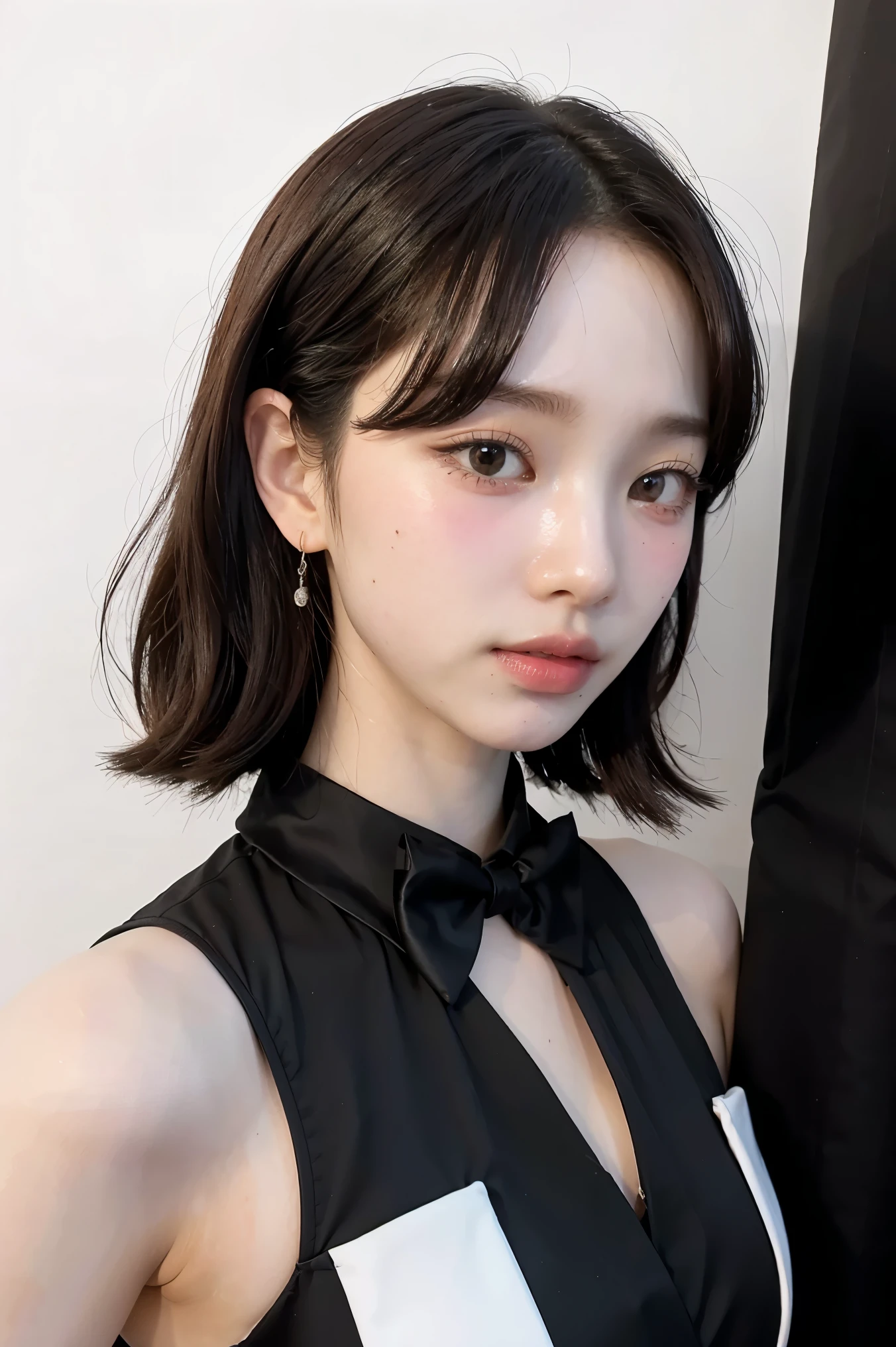 1girl, black random formal attire, white background,