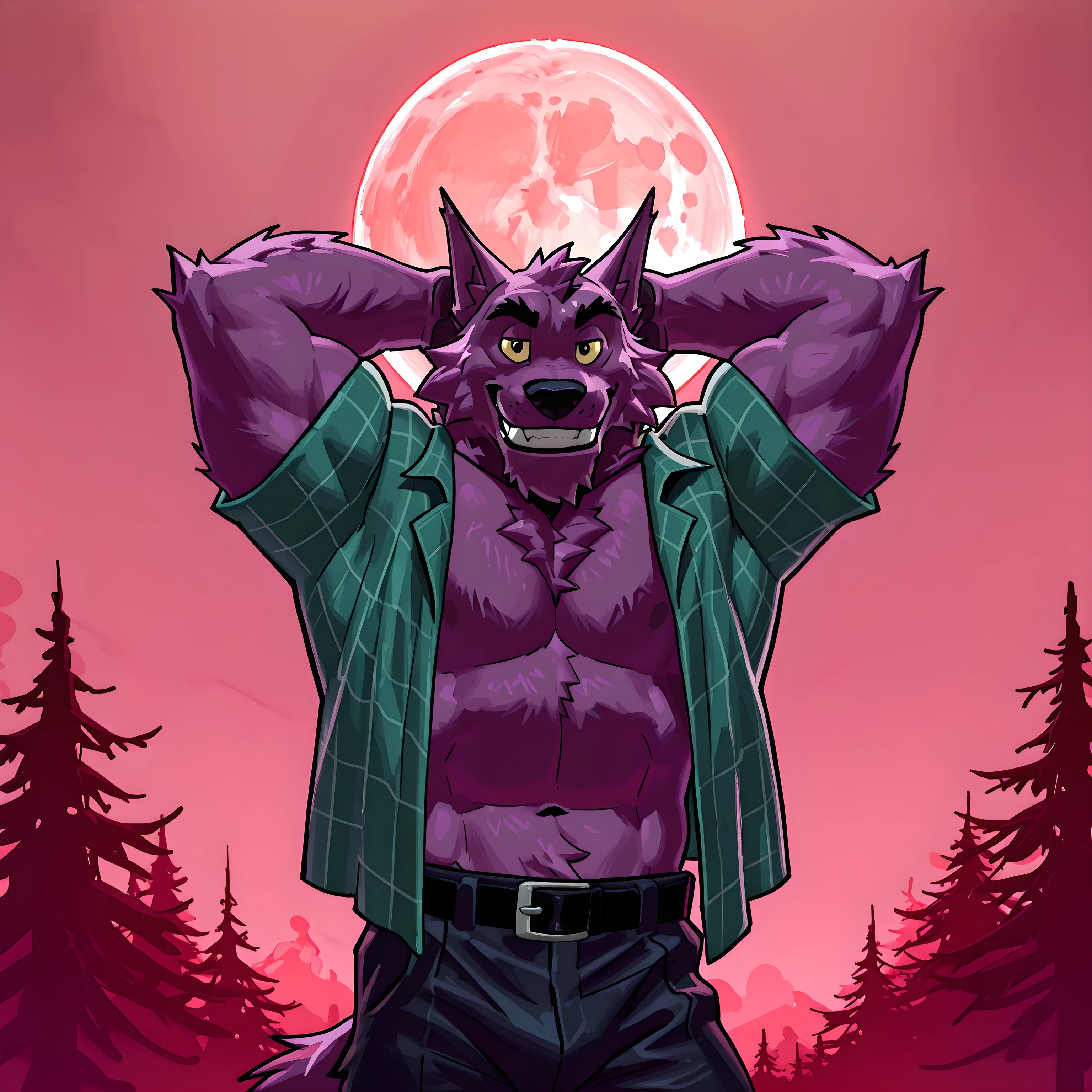 Bernard, Bernard_Mettle, werewolf, purple fur, yellow sclera, teal flannel shirt, furry chest, black belt, dark blue pants, open shirt, muscular, flexing, grin, proud, strong, night background, full moon, half body, t4r4nf1dd13r, (front view), looking at viewer, hands behind head, arms behind head, white teeth