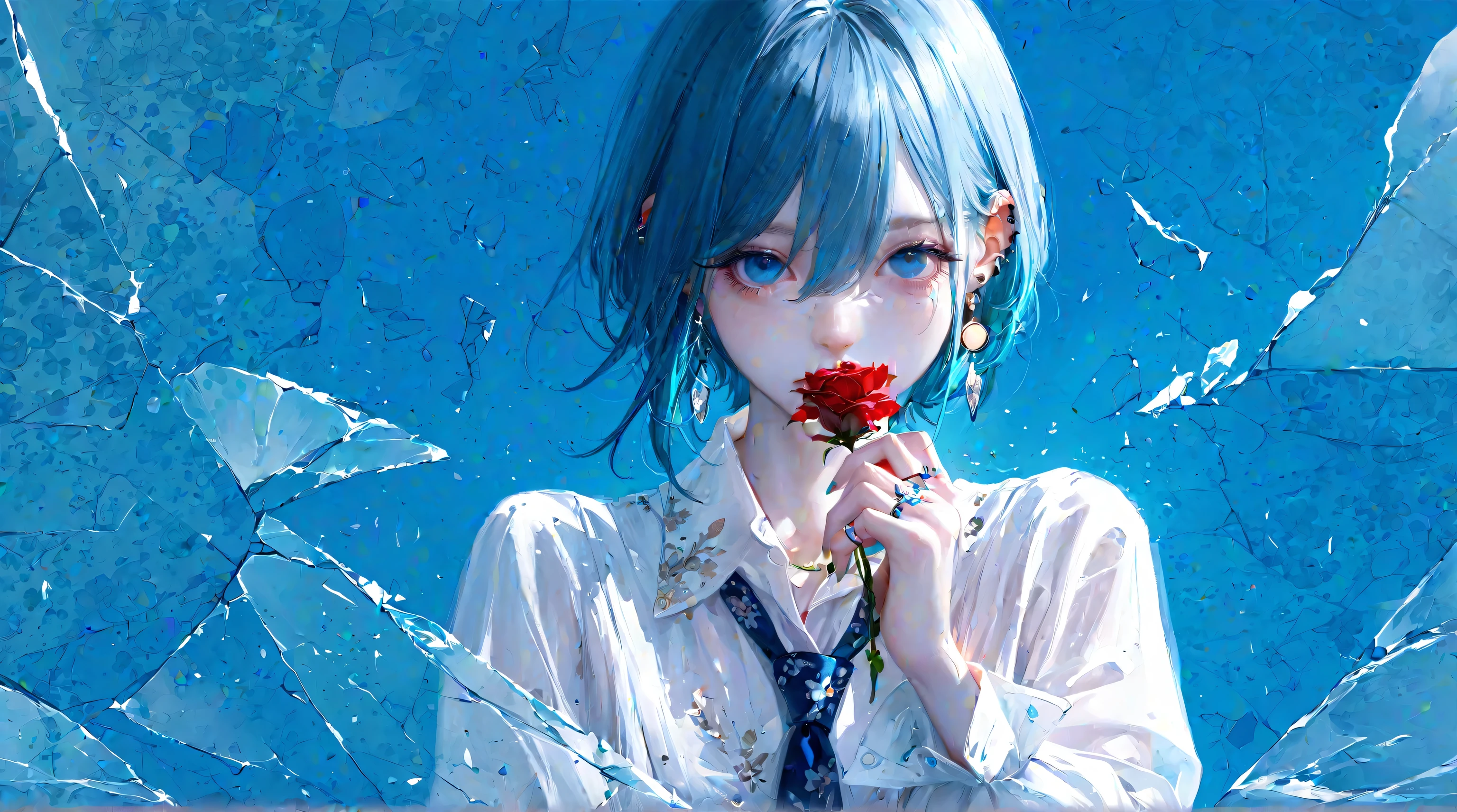 Here’s your updated prompt with the jacket, multicolored hair, silver hair, and white hair removed:
**Updated Prompt:**
"Best quality, masterpiece, absurdres, newest, (atnr style, realistic), flower, solo, jewelry, earrings, 1girl, ring, shirt, holding, textured multicolored background, fully blue hair, red flower, white shirt, looking at viewer, short hair, simple background, bangs, collared shirt, light blue hair, nail polish, blue ple eyes, blue eyes, piercing, eyelashes, upper body, ear piercing, long sleeves, hand up, hair between eyes, blue theme, rose, necktie, open clothes, fingernails, broken glass, shattered reflections, looking through fractured mirror with broken pieces, scattered shards catching light, intricate mirror cracks, reflections distorting reality, fragments floating, ethereal glow, a digital illustration in an anime style, featuring a full-body depiction of a young woman, fully textured blue hair, soft yet vibrant, pale skin, delicate, striking blue eyes, long eyelashes, soft gaze, dreamy, ethereal, low-hanging white shirt, slightly open, golden necklace, jewelry, earrings, ring, atmospheric blue background, floral hints, introspective, serene, soft glow, highly detailed, realism with stylization, subtle brushstrokes, delicate balance, artistic, soft, dreamlike.