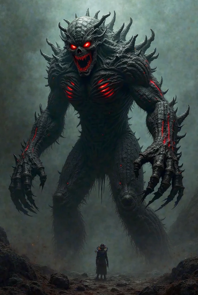 1 monster, terrifying creature, blood dripping, dark background, ready to attack, anime style, 2d