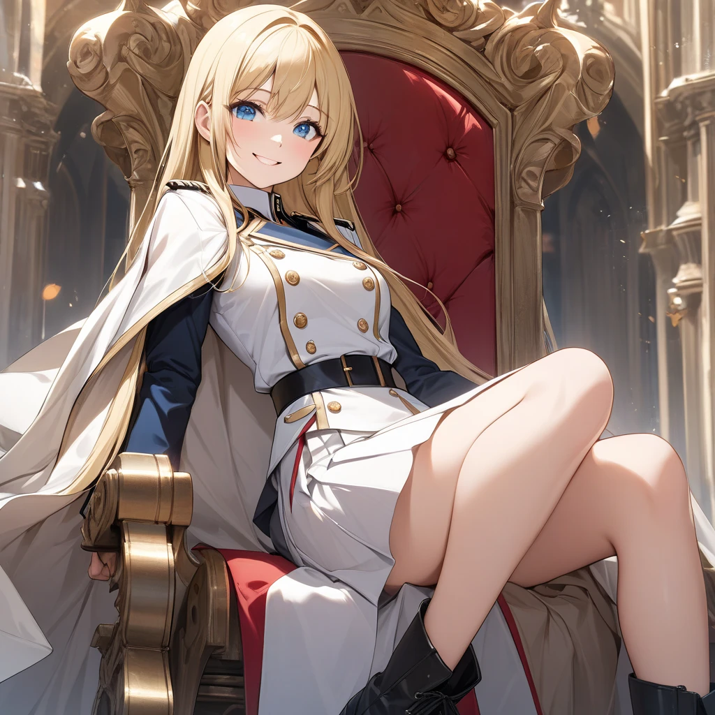 (highest quality:1.2, Very detailed, Latest, Vibrant, Ultra-high resolution, High Contrast, masterpiece:1.2, highest quality, Best aesthetics), 1 Female, Woman in military uniform, White bodysuit, Knee-high boots, Detailed equipment, Equipment attached to a belt, Extremely high quality weapon representation,, Glare, Blonde Long Hair, Flowing Hair, Shout, Intimidation, ambition, Sit in a luxurious chair, Sky curtain, Very delicate ornament, Red interior, Tapestry hanging on the wall, The light shines through, Dark Color Palette,