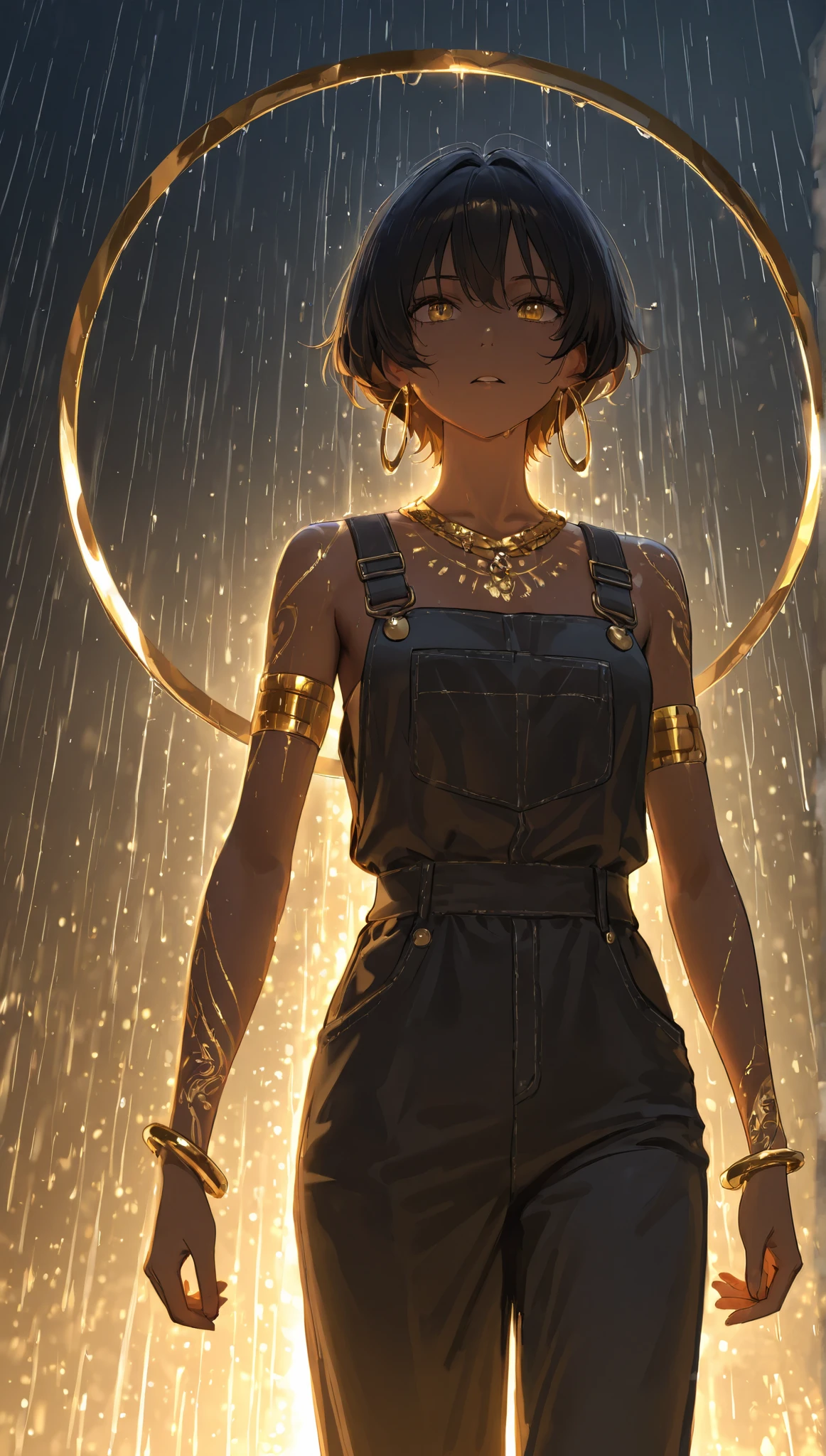 in the rain、 Gold Tattoos for Girls with Gold Earrings, in the style of vray tracing, then Martin , Famous, Poured, close, Dark white and gold, speed painting, masterpiece, TOP QUALITY,