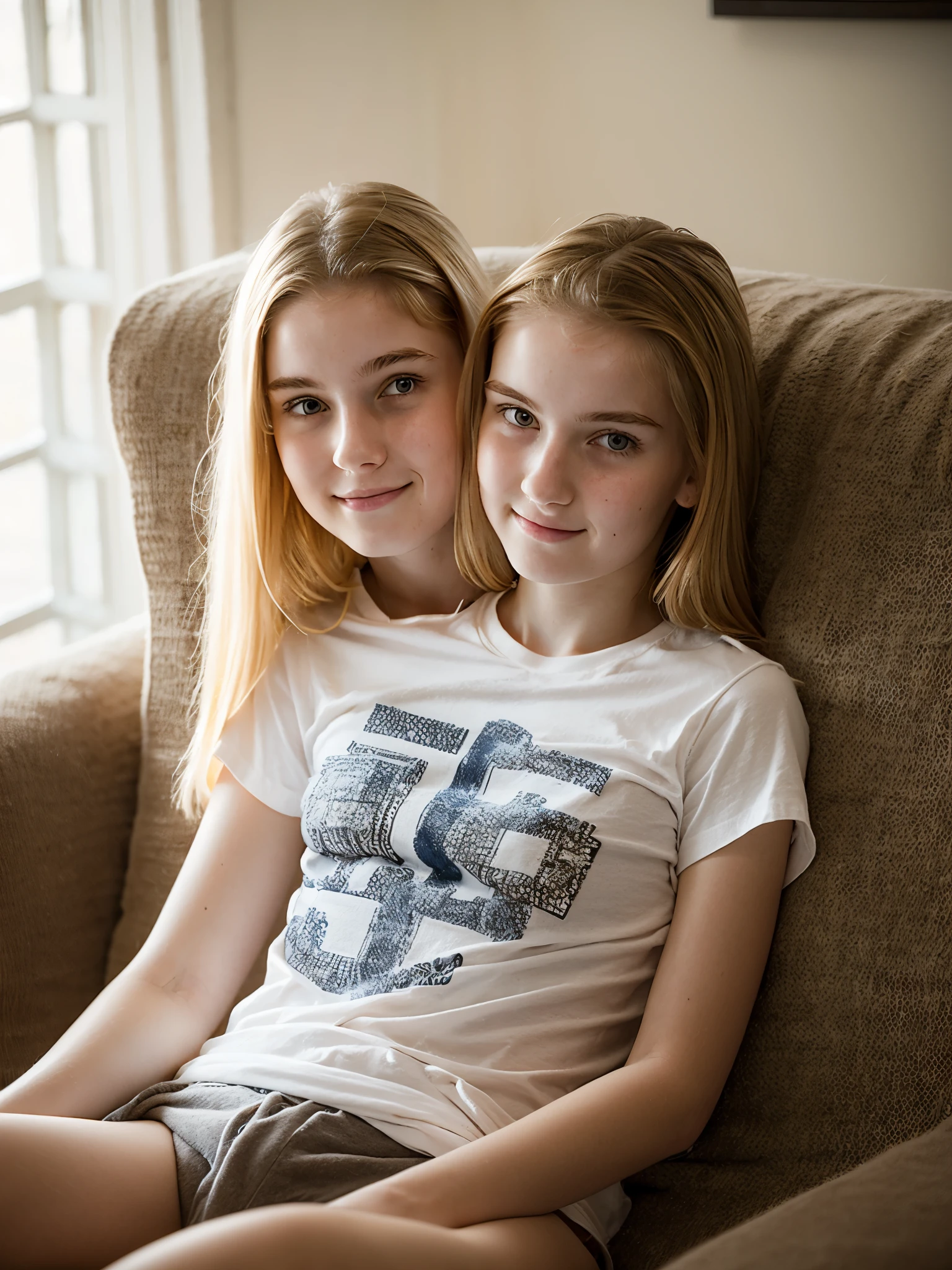 2heads, (one head 12 years old:1.5), (one head 17 years old:1.5), (blonde:1.3)