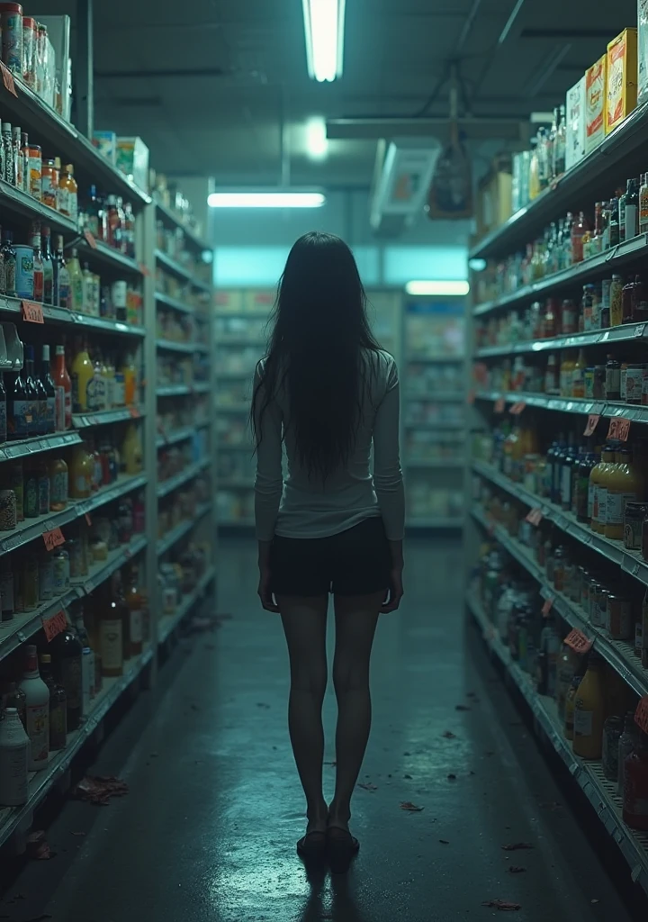 Girl walking down the aisle of a supermarket. Bloody floor, messy shelves, flickering lighting, wearing a dirty flower dress, long hair, messy hair, horror atmosphere, horror, terrifying