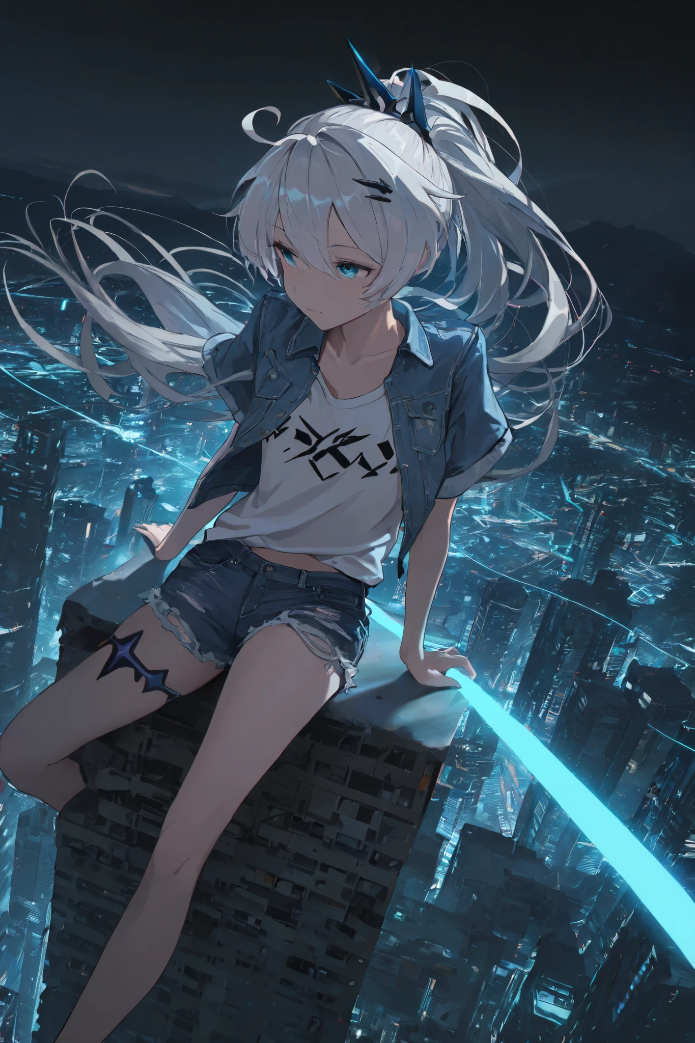 SuperQuality, masterpiece, best quality, amazing quality, very aesthetic, absurdres, newest, (scenery, volumetric lighting), (portrait:1.1), cinematic angle, character focused, solo, 1girl, asymmetrical armor, detailed skin, extremely detailed eyes, dynamic pose, Kiana, pure shining white hair, kiana kaslana, sitting on concrete, city, futuristic utopia, (solarpunk:1.2), model posing, side eye, glare, closed mouth, flat chest, looking to the side, denim shorts, torn denim, denim jacket, ripped denim, oversized t-shirt, modern clothes, masterpiece, best quality, amazing quality, very aesthetic, absurdres, newest, (scenery, volumetric lighting),
