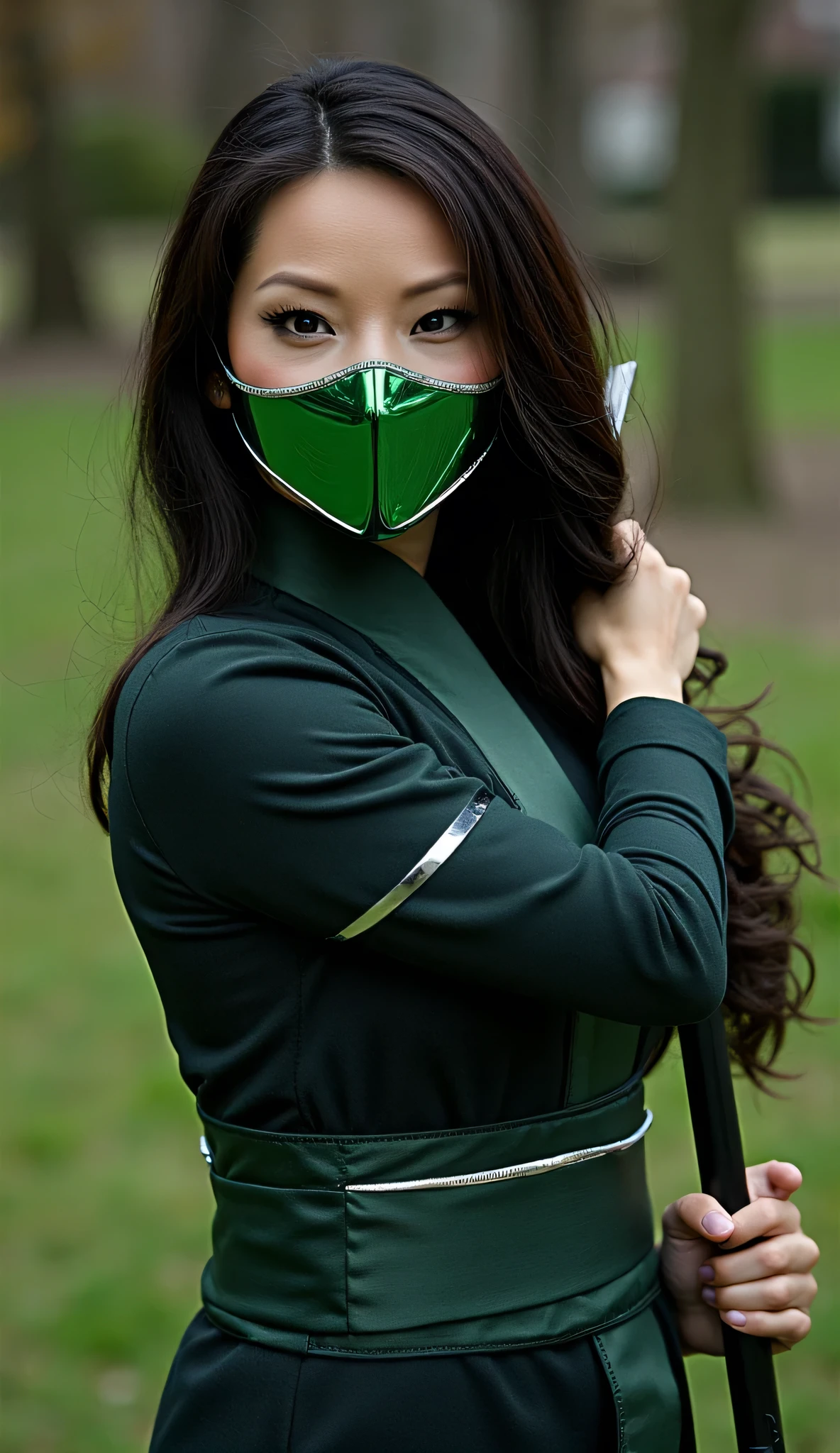 1女of子, armor, black_hair, blurry, blurry_background, blurry_prospect, chest, green_eye, closed_mouth, depth_of_field, earrings, jewelry, length_hair, looking for_in_viewer, smile, 一人in, upper_body
