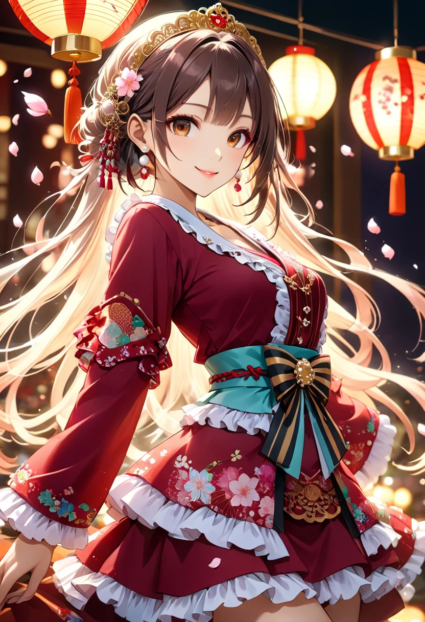 1girl, solo, long hair, breasts, looking at viewer, blush, smile, bangs, skirt, large breasts, simple background, black hair, hair ornament, thighhighs, long sleeves, white background, brown eyes, closed mouth, collarbone, yellow eyes, ponytail, heart, sidelocks, thighs, japanese clothes, wide sleeves, kimono, white thighhighs, zettai ryouiki, sash, obi, high ponytail, hand on own chest, ribbon trim, hakama, hakama skirt, white kimono, miko, hakama short skirt