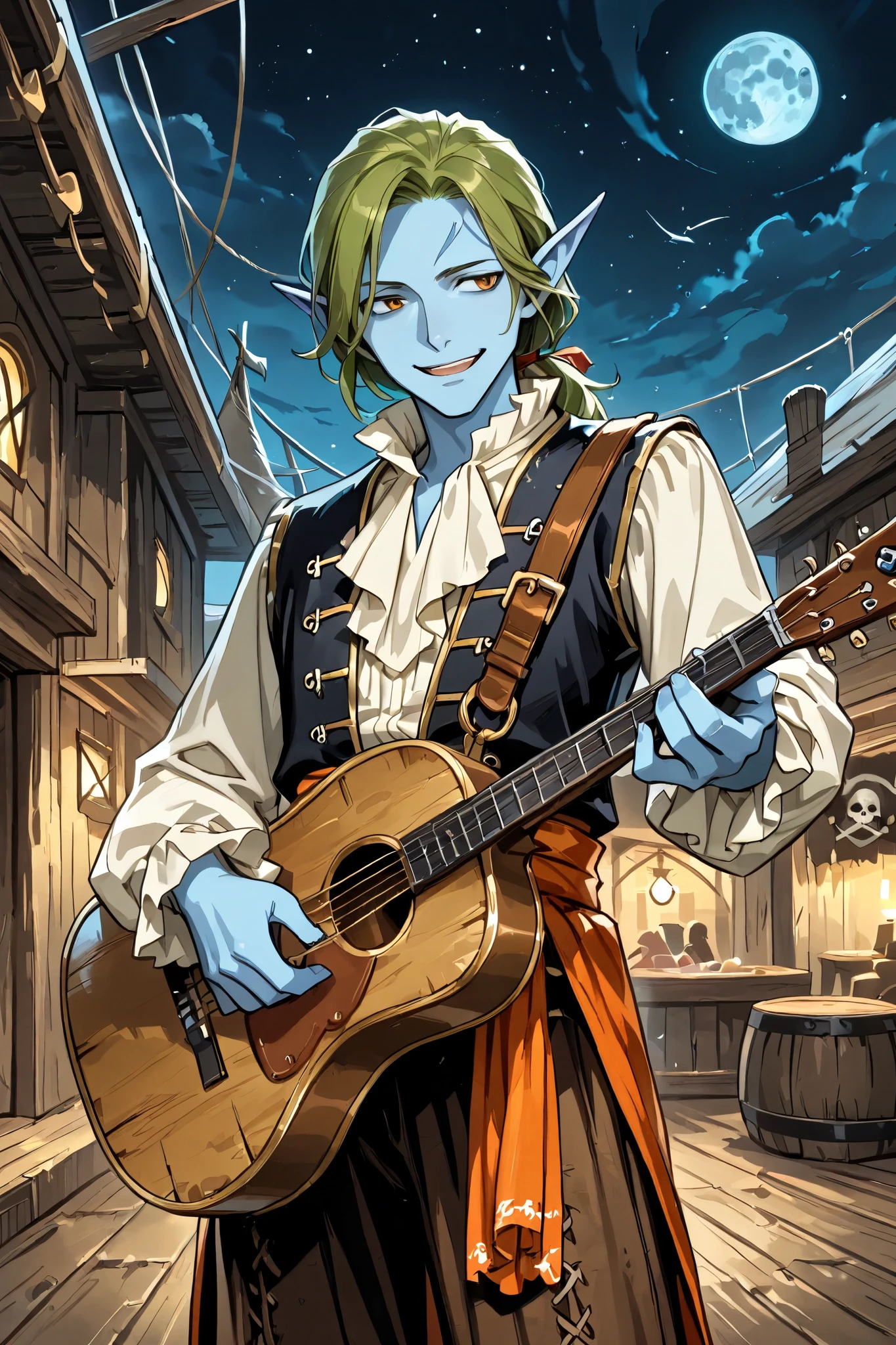 elf, solo, male, blue skin, pointed ears, green hair, (colonial era ruffle shirt, slavic style), black colonial trousers, charming, graceful, smiling, flirting, holding a Spanish guitar , ((performing in a village square near the coast)), night scene, colonial style buildings, full moon in sky, ((caviler era clothing, pirate era clothing)), dungeons and dragons, fantasy art, close up, npcp