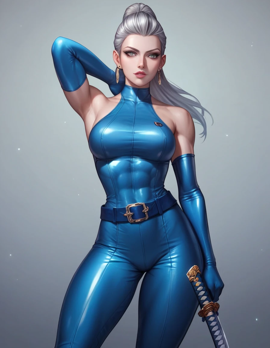 (masterpiece, best quality, perfect face, beautiful and aesthetic:1.2, highest detailed face), (beautiful female elf assassin, long messy hair, (silver hair:1.2), (purple eyes:1.3), huge breasts, (narrow waist:1.3), perfect fit body, shapely butt, (thicc tights:1.4), (flawless porcelain skin:1.2, pale skin:1.3), (inside dark desolated cave), (blue theme:1.2), glowing, (blue aura:1.2), (hold enchanced dagger:1.3), floating hair, telekinesis, blue energy magic swirling around, (extremely detailed eyes), detailed skin, skin pores, (((Asymmetrical cut out (One Leg) and One Sleeve Catsuit:1.6), very revealing attaire, skimpy cutout skintight clothes, deep cut assassin clothes, side cut)), cleavage:1.2), no sleeves, sleveeless, enchanting gaze, full body portrait, cinematic lighting, dark scene, (dim light), mute lighting, dimly lit, looking at viewer, seductive pose:1.4, full shot, (solo:1.4), (high quality, CG, 4k, extremely detailed, hyper realism, dramatic light, sharp, HDR)
