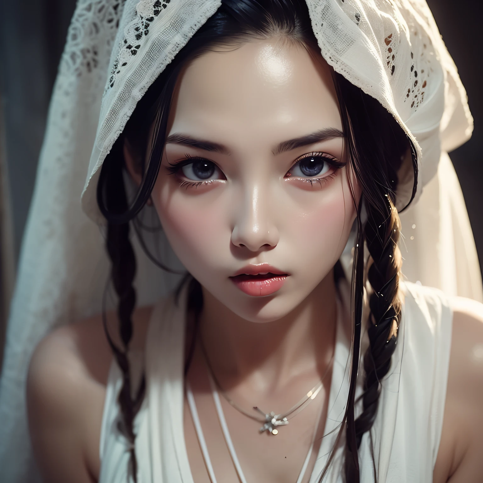 Young cute girl is tied up in the room wearing white stockings, detailed, realistic, 8K, HDR, movie lighting, realistic skin color, intricate facial features, expressive eyes, delicate hands, elegant posture, nervous expression, detailed clothing texture, silky white stockings, shy eyes, sticking out tongue,