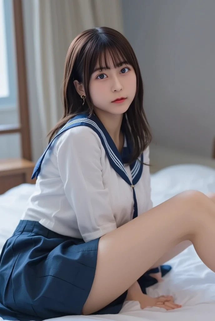 ((masterpiece)), ((best quality)), (ultra-detailed), ((extremely detailed)), 4K, (8K), best quality, (beautiful)3, realistic, real, full body focus, school, a cute girl, 1girl, solo, (sailor suit), ((beautiful eyes)), flat breast, tiny breast, wearing underpants, slim, slender, ashamed, (nsfw),スカートがめくれて白いパンティが見える,(シャツをたくしあげて乳房が見える), shirt lift
