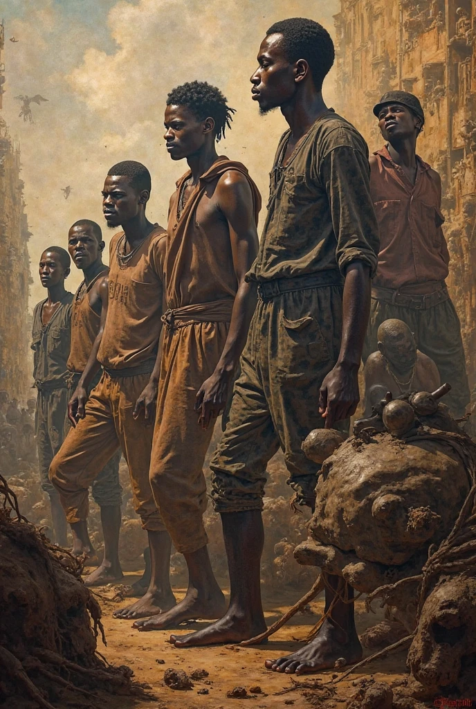 black ink art, a group of refugees, melanesian man, starving, group of man woman and children, human displacement, in low perspective views, exaggerated expression,figure,ink,Smudge,Line outline,ink stain,Ink stains,