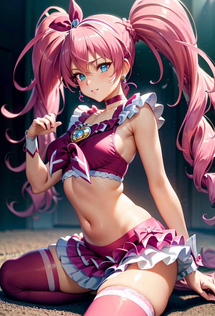 masterpiece, Highest quality, High resolution, One Girl, alone,Twin tails, Long Hair、Redhead, Brown eyes,prison、((Cure Melody))、(Thigh-high socks)、Black panties,large breasts,shirt lift