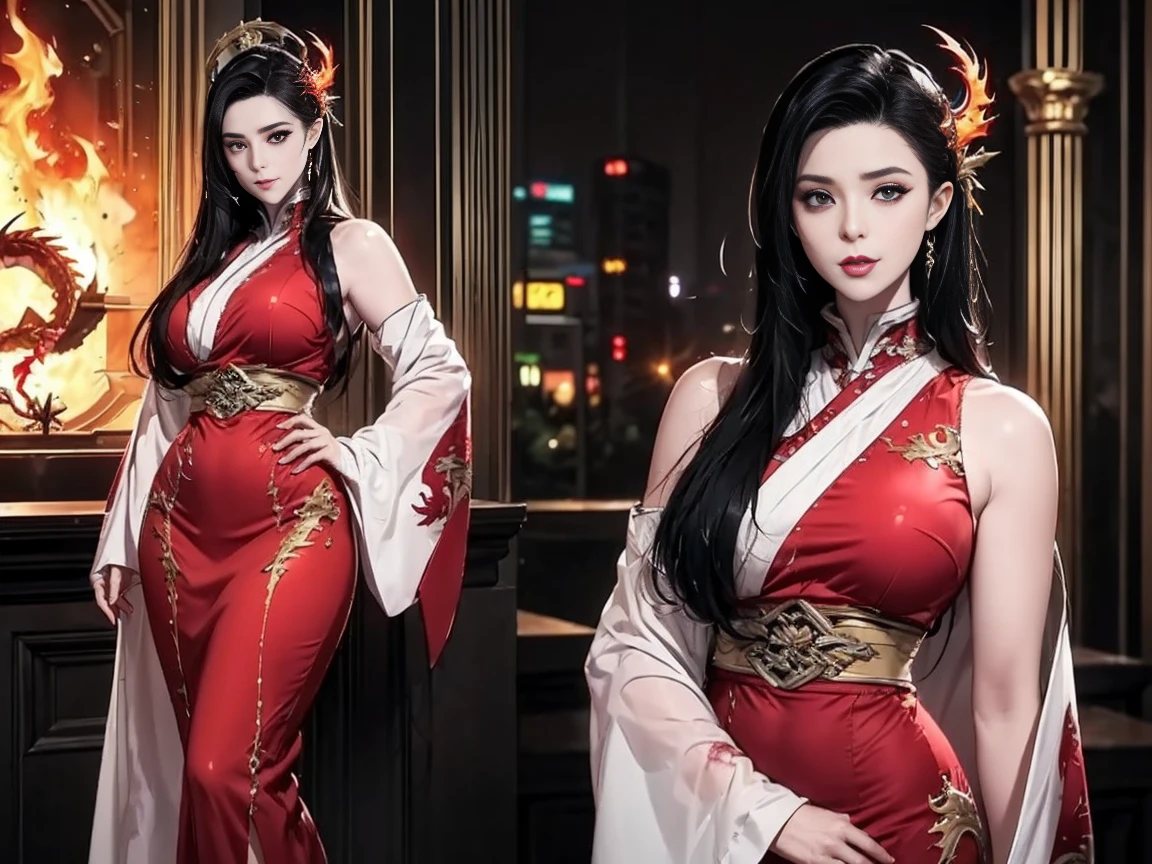 beautiful girl in red dress with long black hair and red shoes, realistic