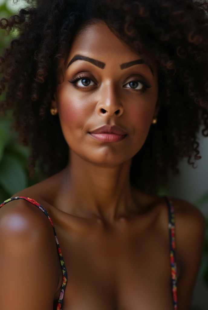 real black woman with curly afro hair and with beautiful green eyes , pink lips, teint claire ,elle sourit , Elle a 30 ans, she weighs 160 kilos and measures 1m72, elle porte une robe rouge courte, elle a de grosses fesses, elle est debout dans un salon, Realistic