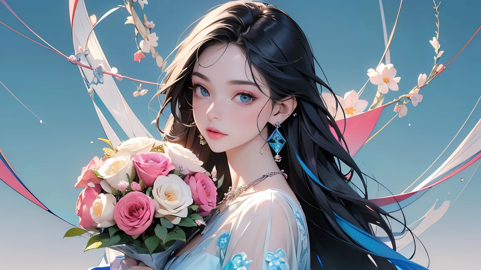 32K, 最高quality, 最高masterpiece, (ultra-Detailed Background, Detailed Background), High resolution, Super detailed, Very detailedな, One girl, (bouquet:1.3), (Tangled:1.2), (Geometric:1.2),(colorful),(masterpiece, quality, best quality, Official Art, Beautiful and beautiful:1.2), (1 girl:1.3), Very detailed,(colorful:1.1)(Flowers:1.3),Most detailed,(Tangled:1.2), whole body, (Abstract background:1.3), (Skin glows), (Many colors:1.4), ,(Earrings Jewelry:1.5), Light Blue Background, I read a book, Holding a pen,